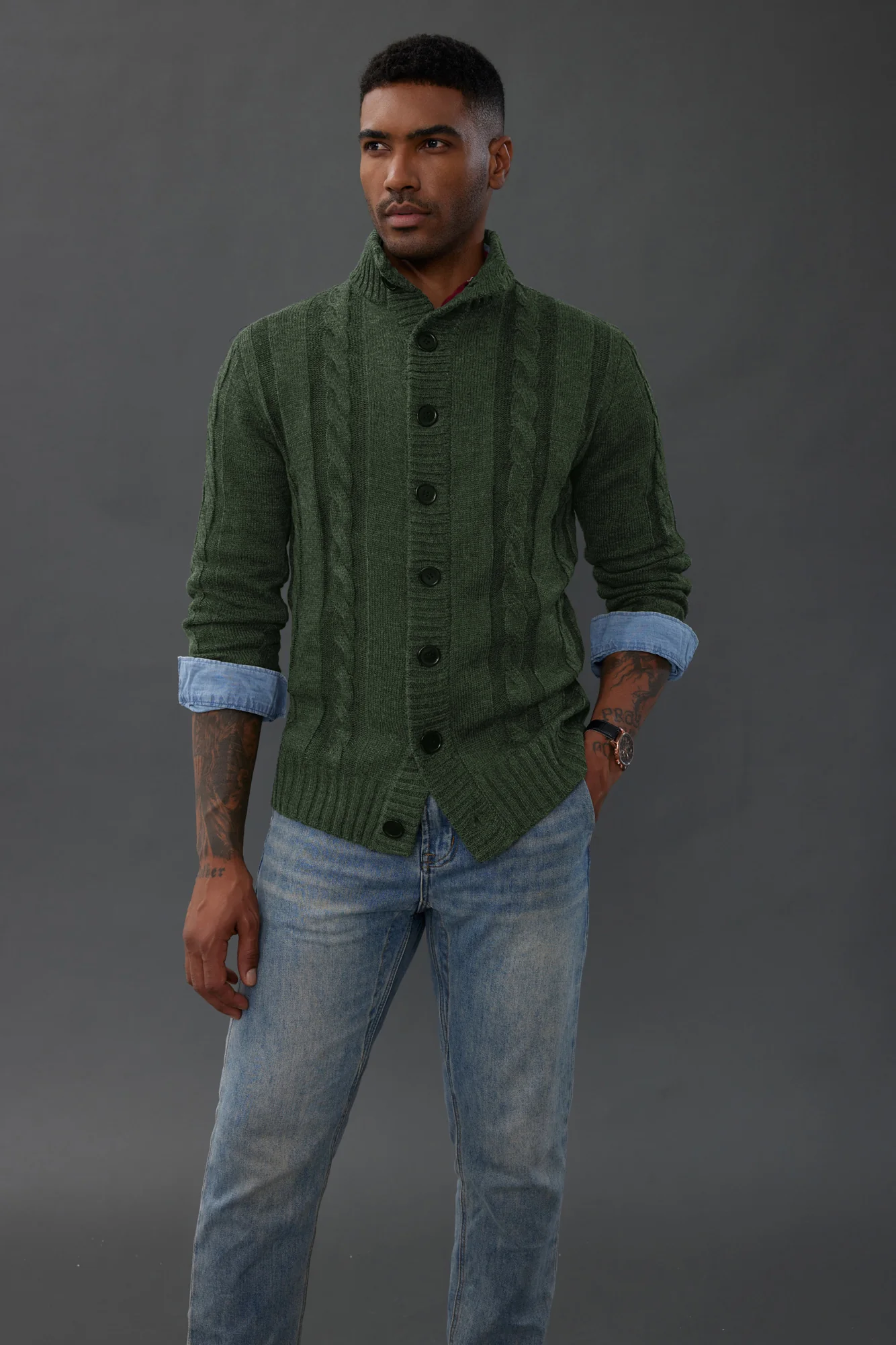 Men's Cardigan with Button Closure, Cable Knit Cardigan with Ribbed Stand-Up Collar for Autumn Winter - Image 51