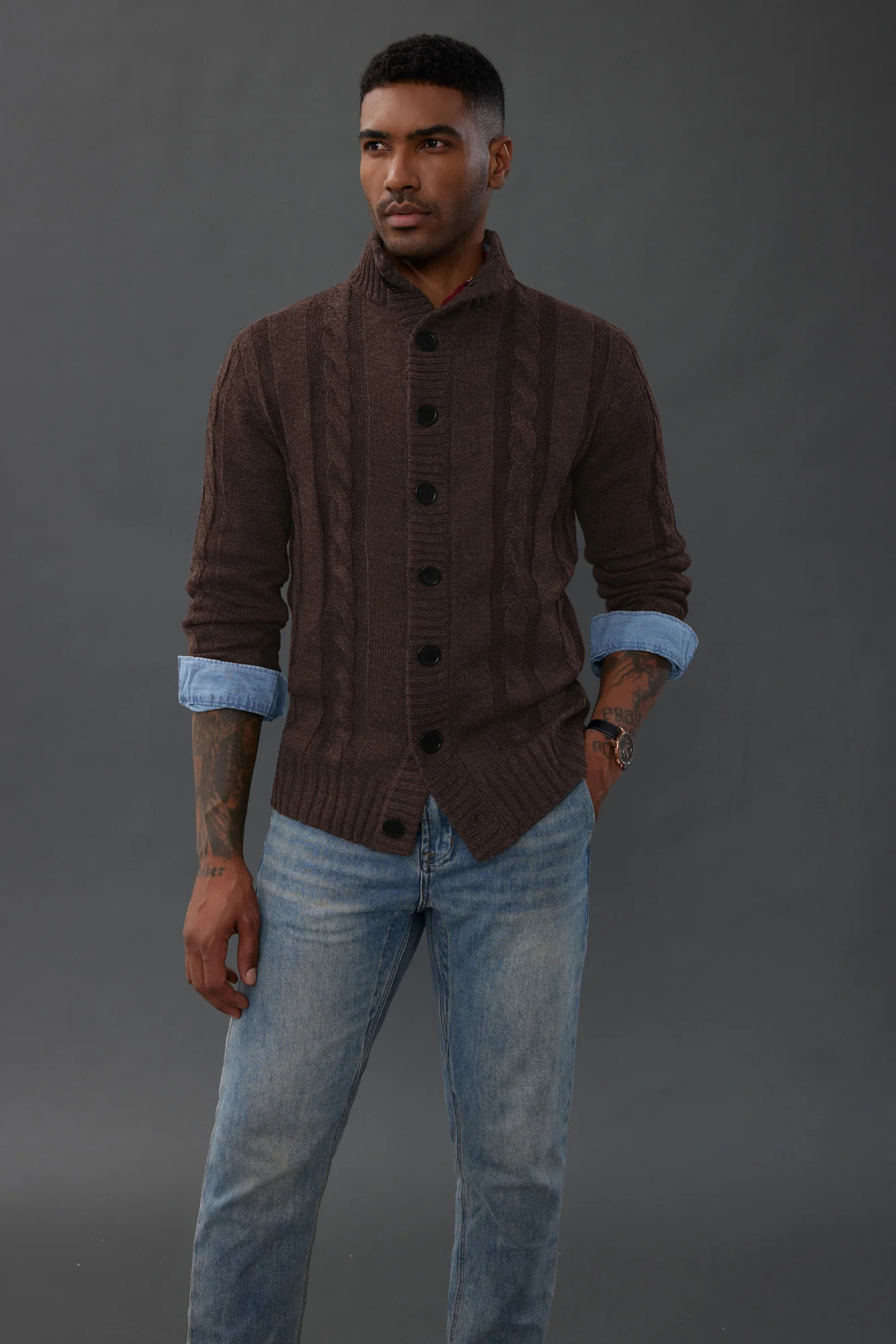 Men's Cardigan with Button Closure, Cable Knit Cardigan with Ribbed Stand-Up Collar for Autumn Winter - Image 54