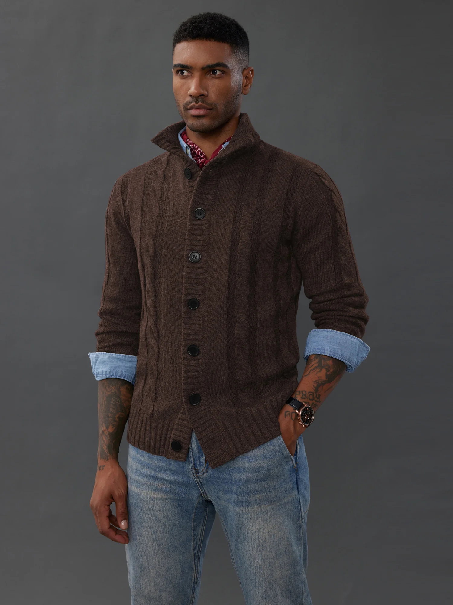 Men's Cardigan with Button Closure, Cable Knit Cardigan with Ribbed Stand-Up Collar for Autumn Winter - Image 55