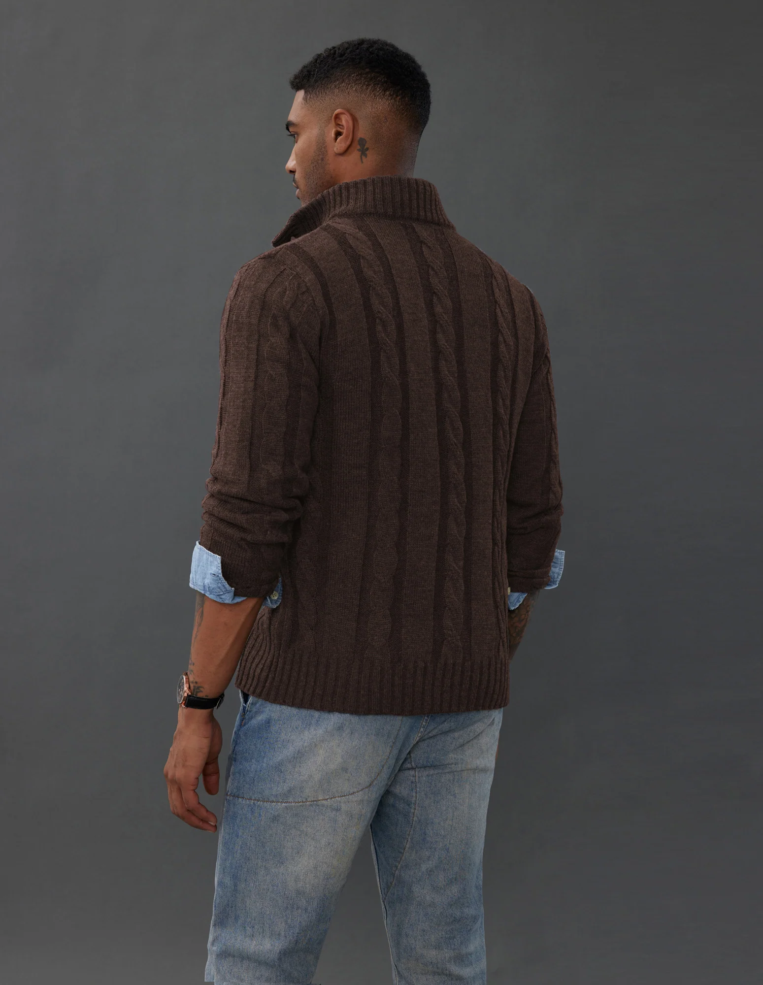 Men's Cardigan with Button Closure, Cable Knit Cardigan with Ribbed Stand-Up Collar for Autumn Winter - Image 56