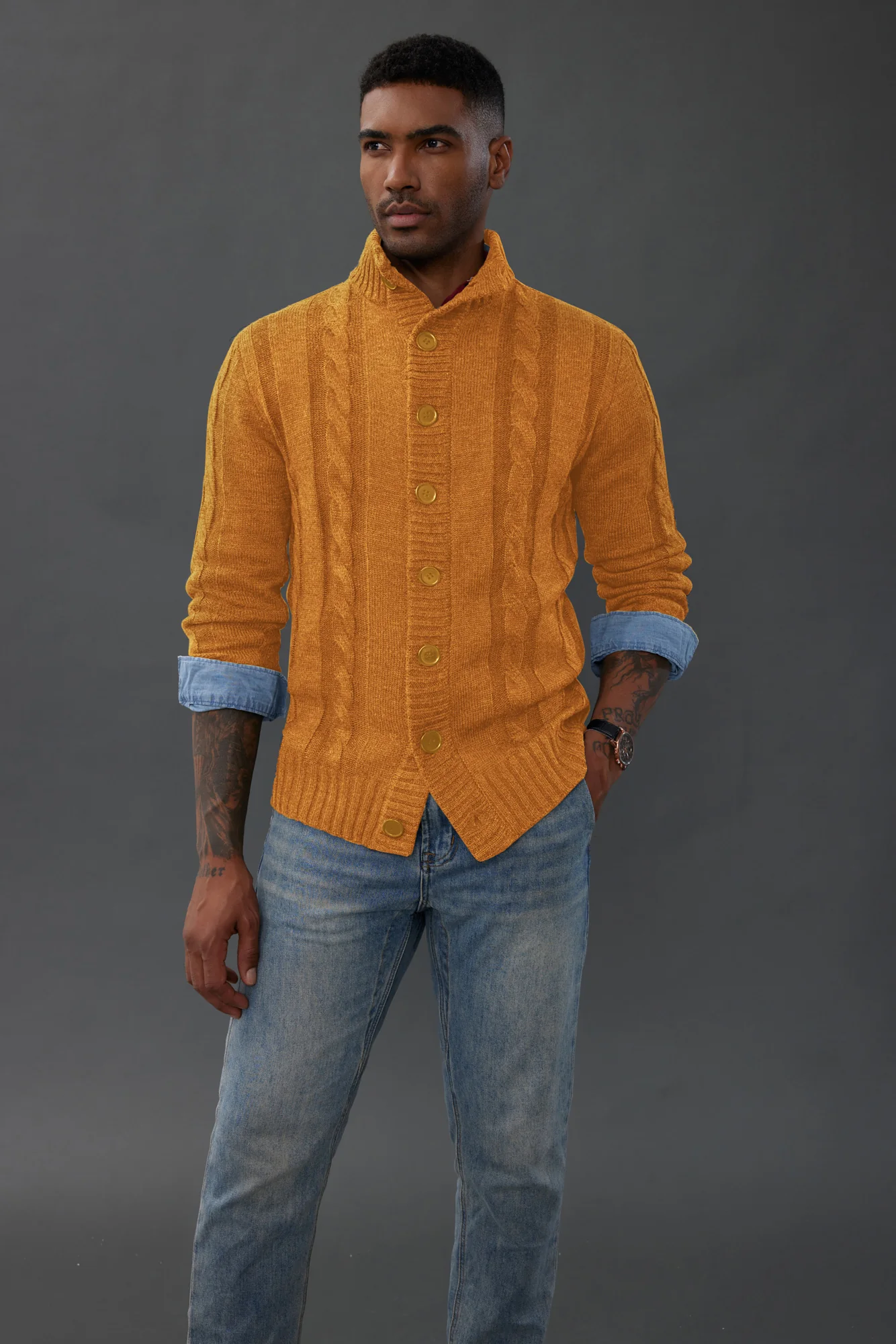 Men's Cardigan with Button Closure, Cable Knit Cardigan with Ribbed Stand-Up Collar for Autumn Winter - Image 59