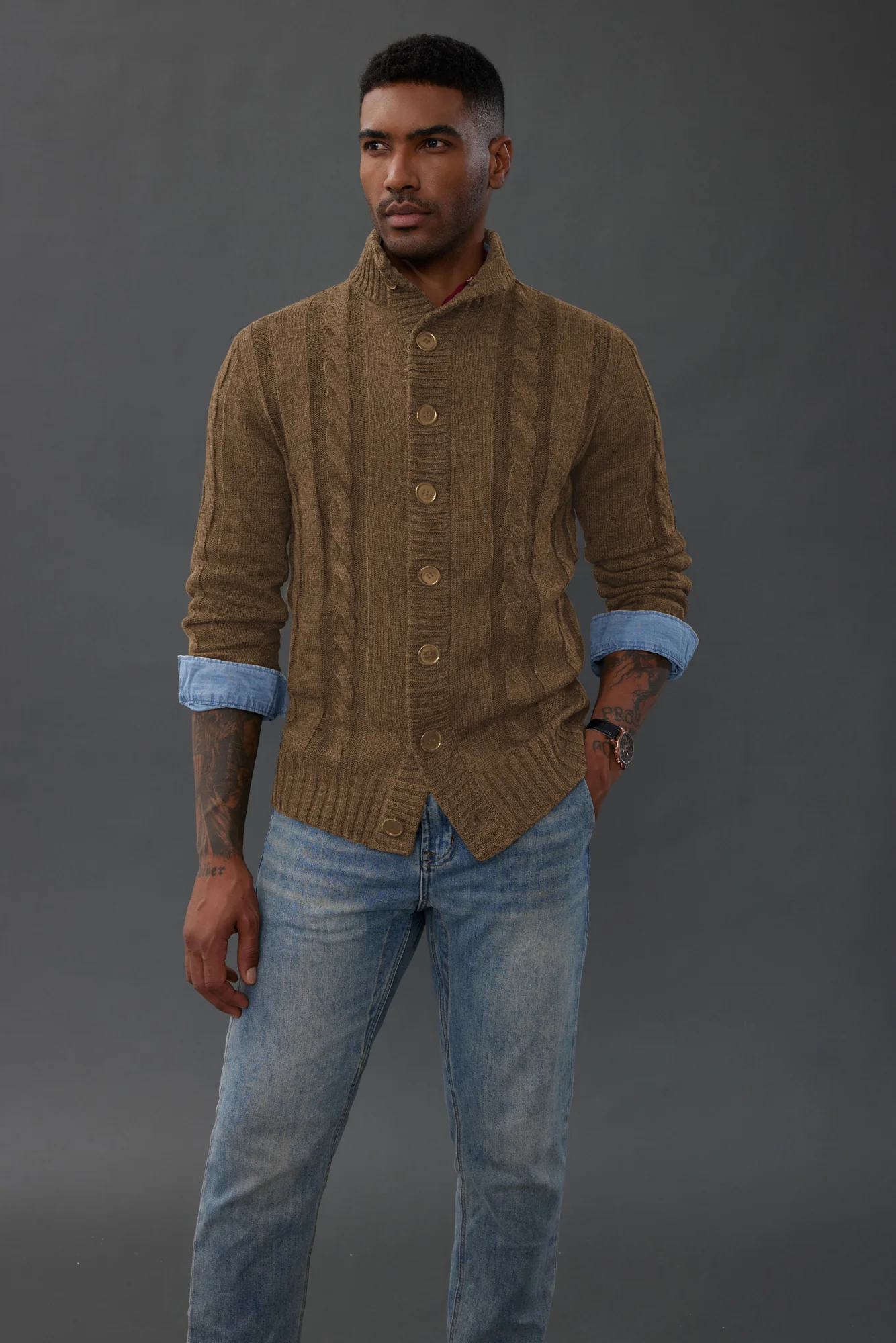Men's Cardigan with Button Closure, Cable Knit Cardigan with Ribbed Stand-Up Collar for Autumn Winter - Image 6