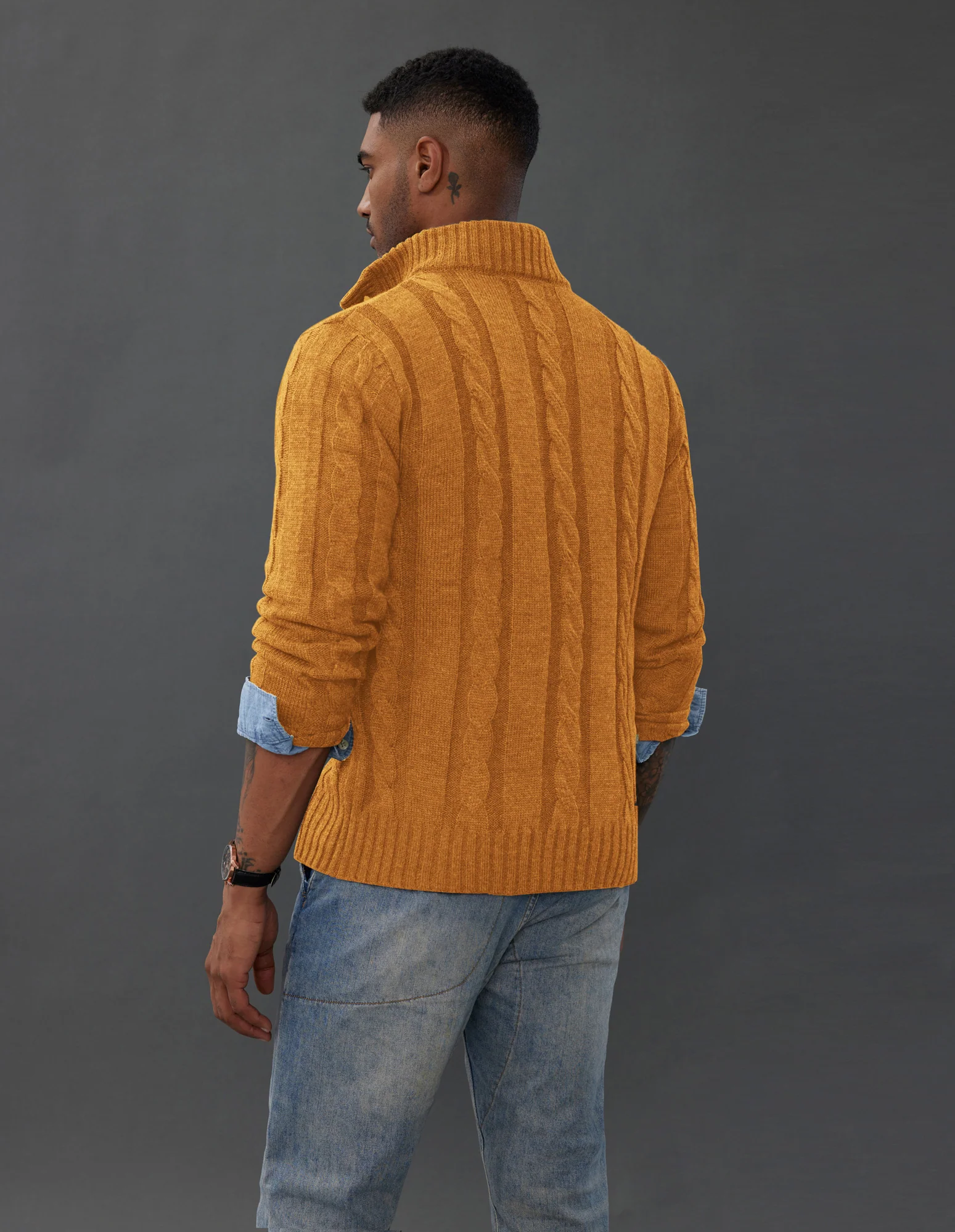 Men's Cardigan with Button Closure, Cable Knit Cardigan with Ribbed Stand-Up Collar for Autumn Winter - Image 60