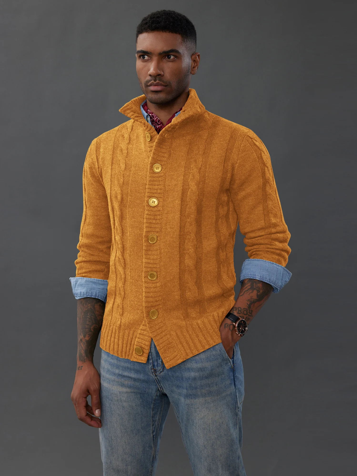 Men's Cardigan with Button Closure, Cable Knit Cardigan with Ribbed Stand-Up Collar for Autumn Winter - Image 61