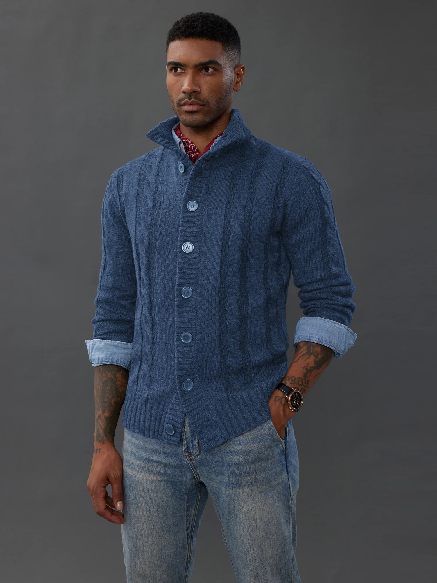 Men's Cardigan with Button Closure, Cable Knit Cardigan with Ribbed Stand-Up Collar for Autumn Winter - Image 64