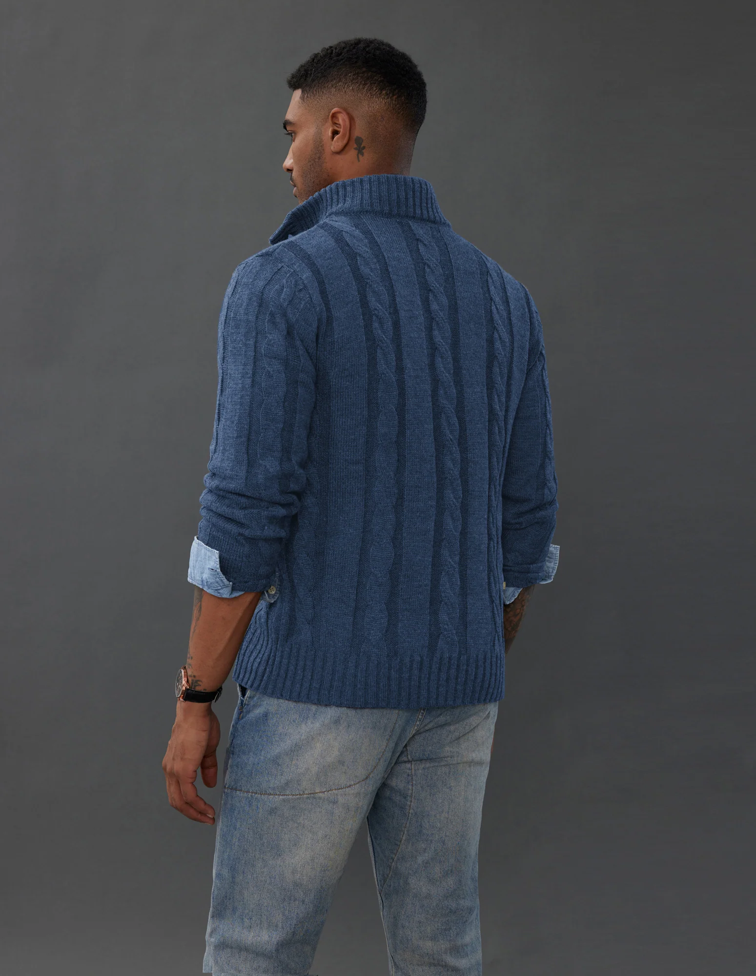 Men's Cardigan with Button Closure, Cable Knit Cardigan with Ribbed Stand-Up Collar for Autumn Winter - Image 65