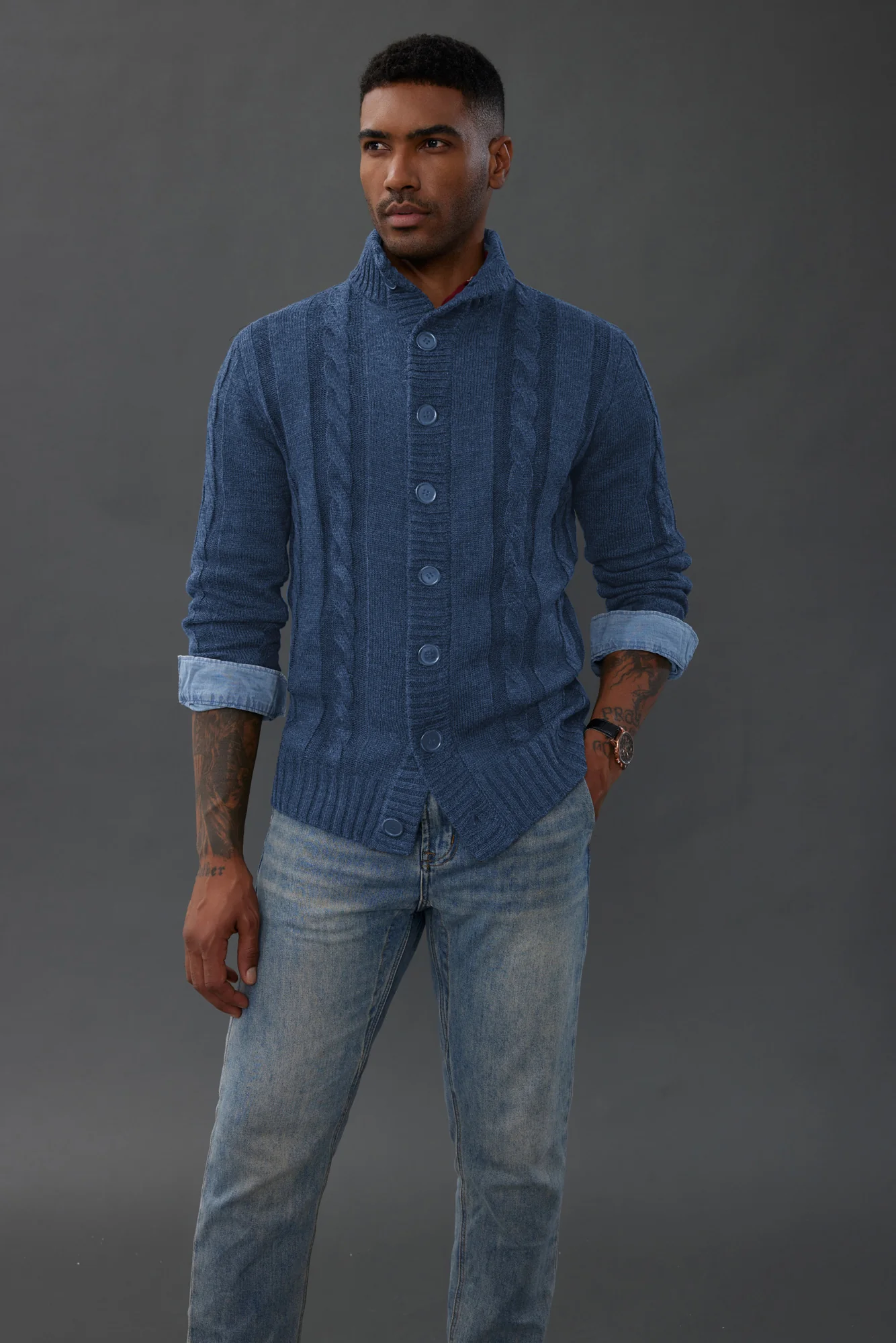 Men's Cardigan with Button Closure, Cable Knit Cardigan with Ribbed Stand-Up Collar for Autumn Winter - Image 66