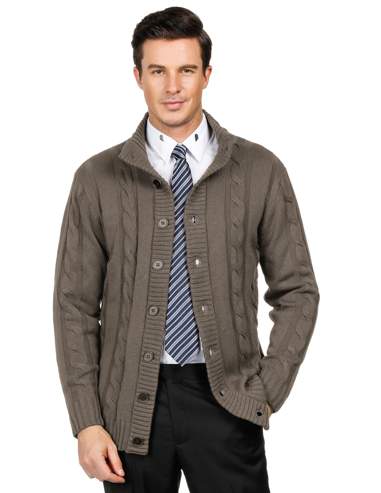 Men's Cardigan with Button Closure, Cable Knit Cardigan with Ribbed Stand-Up Collar for Autumn Winter - Image 69