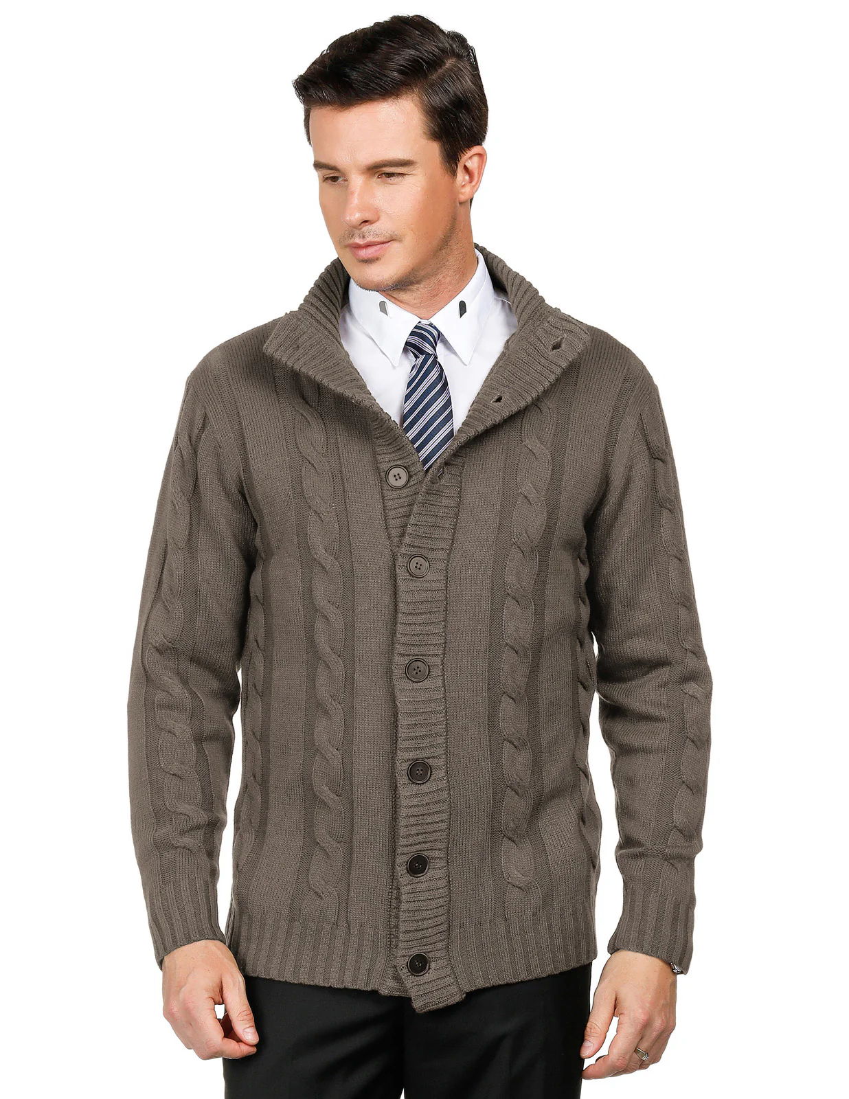 Men's Cardigan with Button Closure, Cable Knit Cardigan with Ribbed Stand-Up Collar for Autumn Winter - Image 70