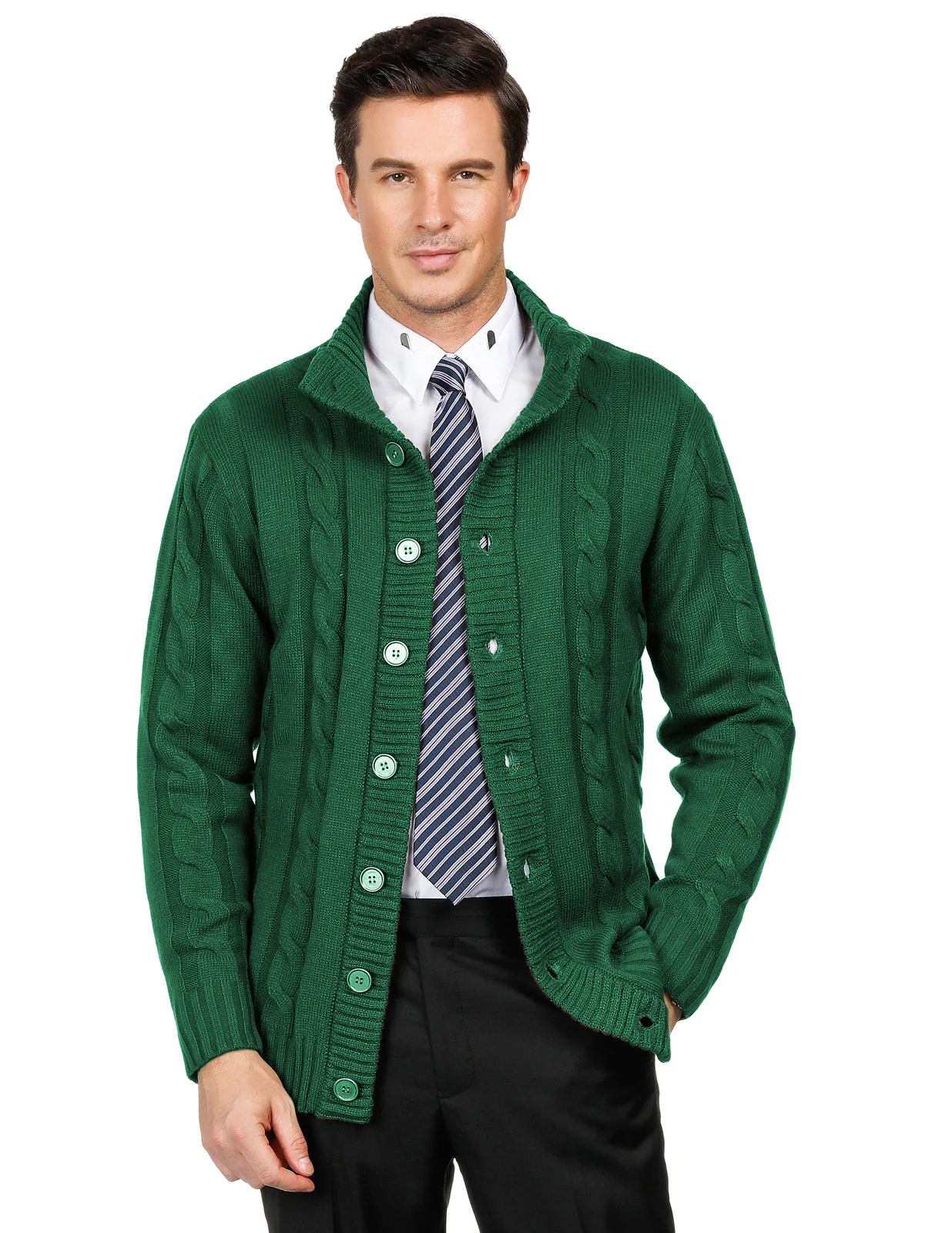Men's Cardigan with Button Closure, Cable Knit Cardigan with Ribbed Stand-Up Collar for Autumn Winter - Image 73