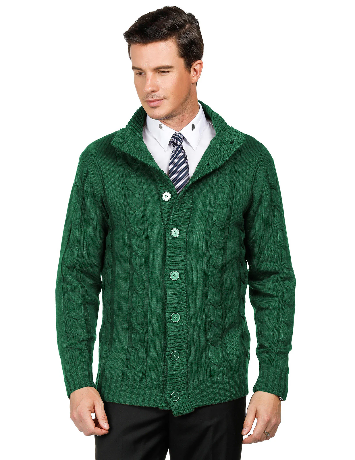 Men's Cardigan with Button Closure, Cable Knit Cardigan with Ribbed Stand-Up Collar for Autumn Winter - Image 74
