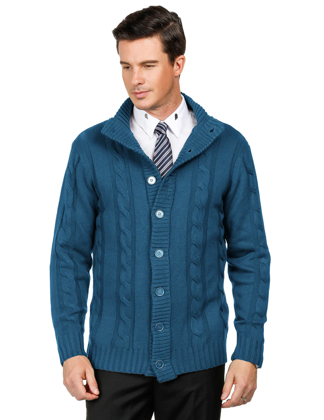 Men's Cardigan with Button Closure, Cable Knit Cardigan with Ribbed Stand-Up Collar for Autumn Winter - Image 77