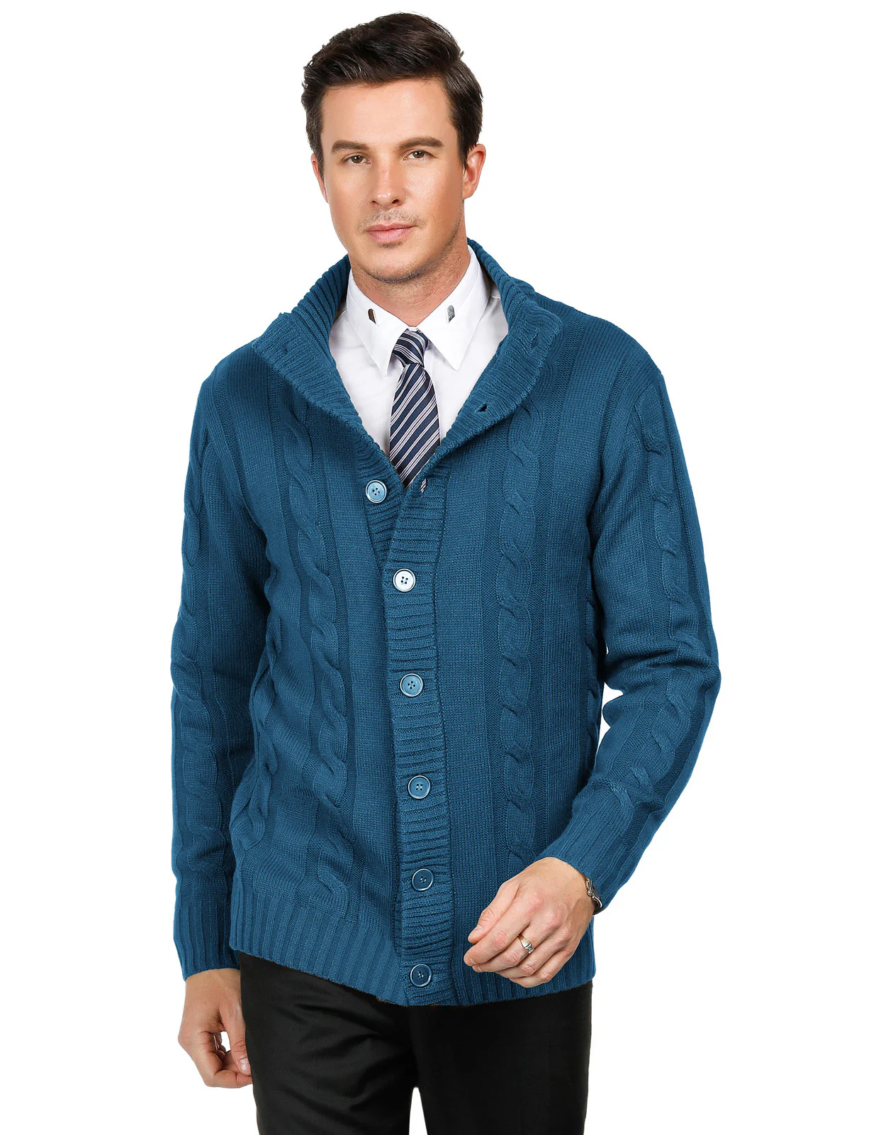 Men's Cardigan with Button Closure, Cable Knit Cardigan with Ribbed Stand-Up Collar for Autumn Winter - Image 78