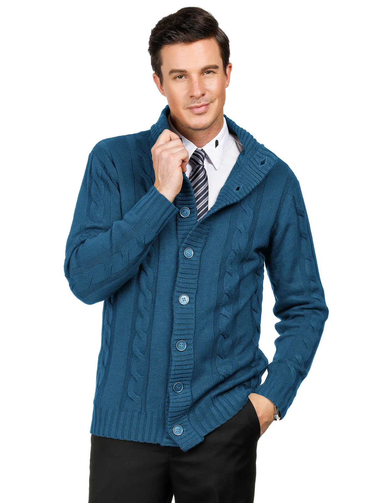 Men's Cardigan with Button Closure, Cable Knit Cardigan with Ribbed Stand-Up Collar for Autumn Winter - Image 79