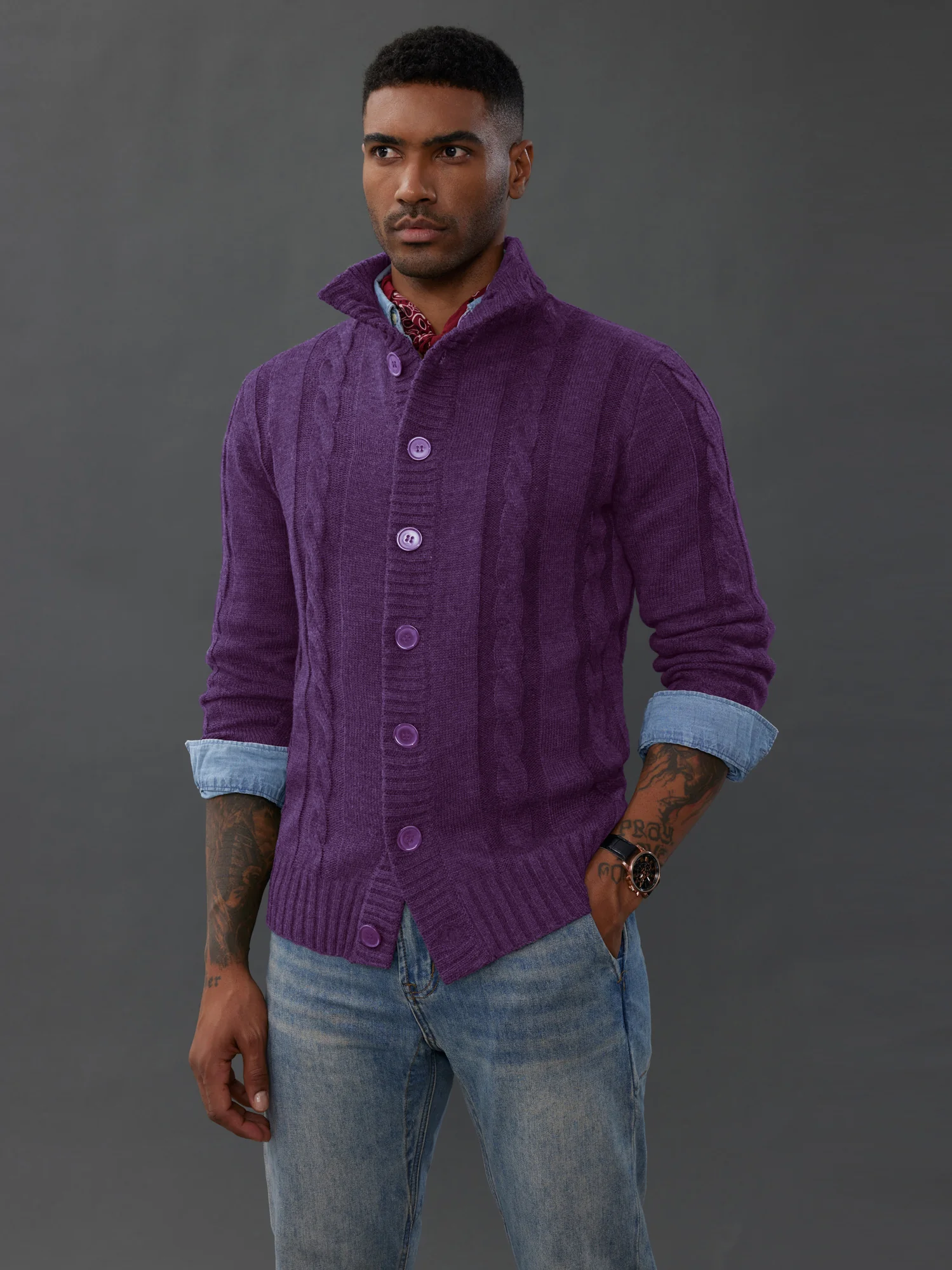 Men's Cardigan with Button Closure, Cable Knit Cardigan with Ribbed Stand-Up Collar for Autumn Winter - Image 82