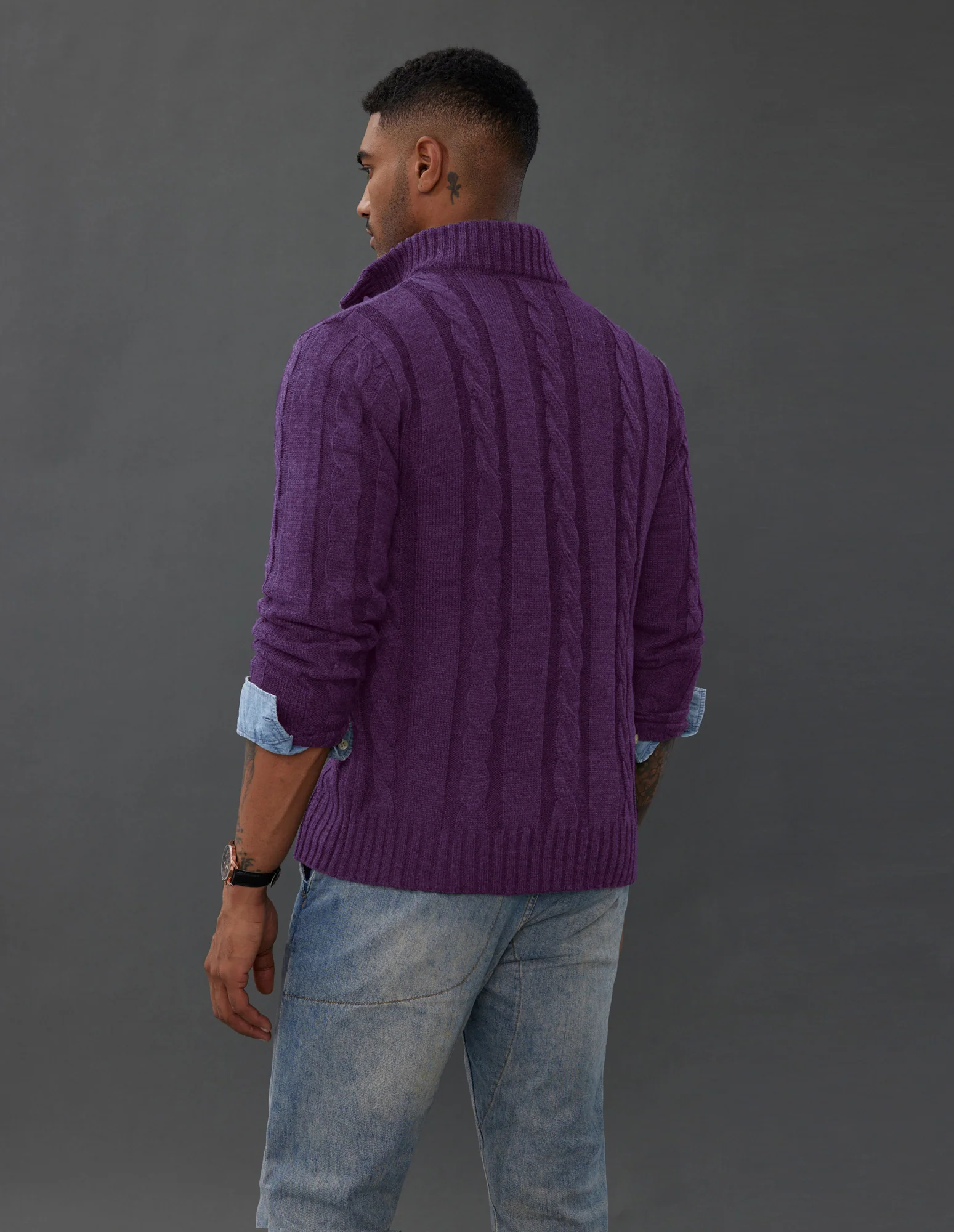 Men's Cardigan with Button Closure, Cable Knit Cardigan with Ribbed Stand-Up Collar for Autumn Winter - Image 83