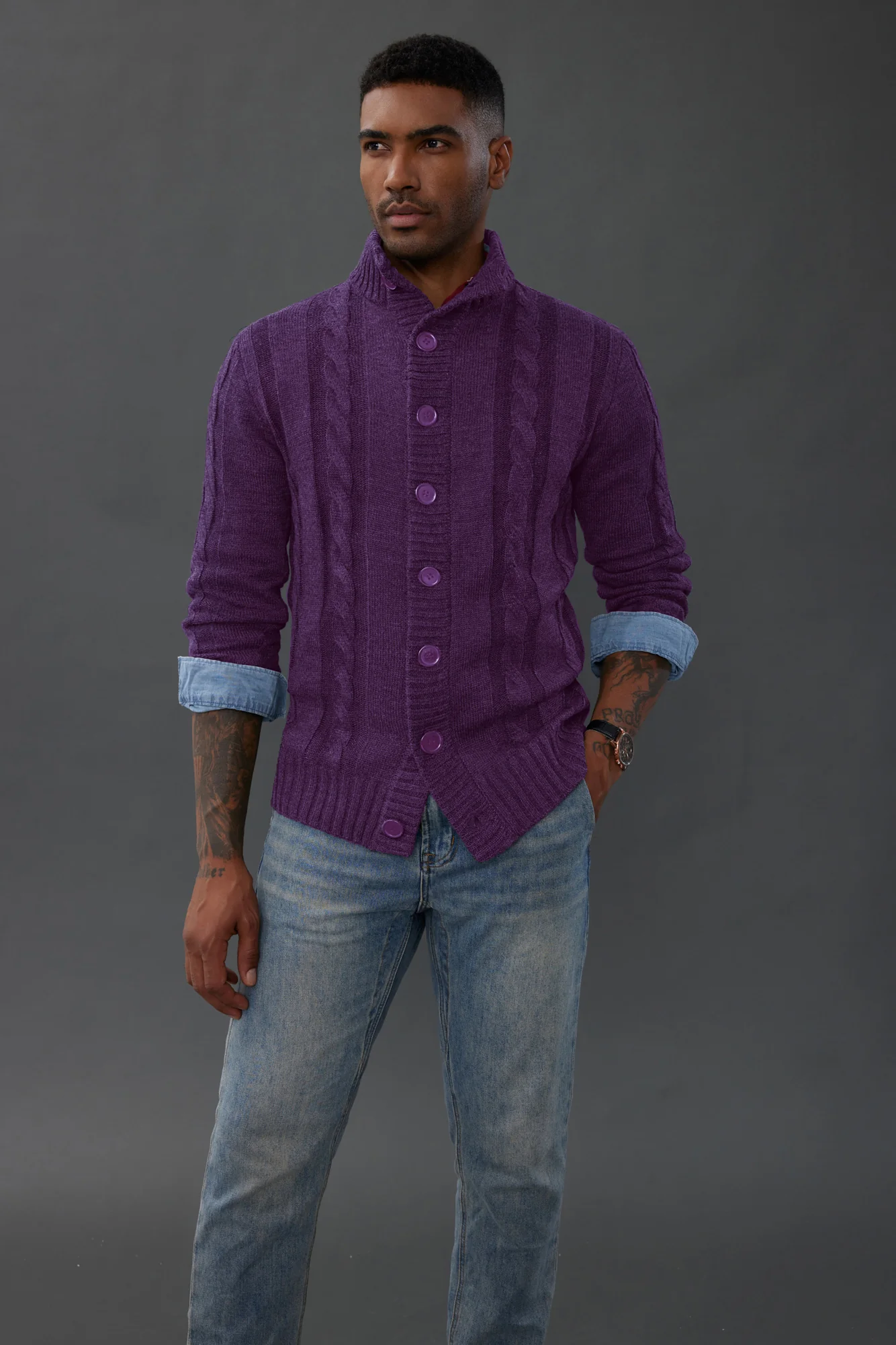 Men's Cardigan with Button Closure, Cable Knit Cardigan with Ribbed Stand-Up Collar for Autumn Winter - Image 84