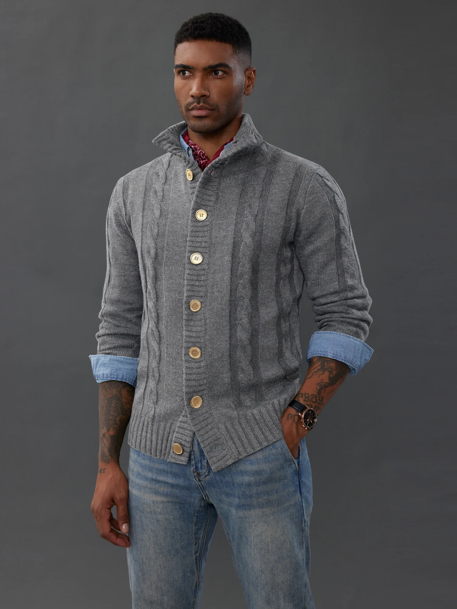 Men's Cardigan with Button Closure, Cable Knit Cardigan with Ribbed Stand-Up Collar for Autumn Winter - Image 9
