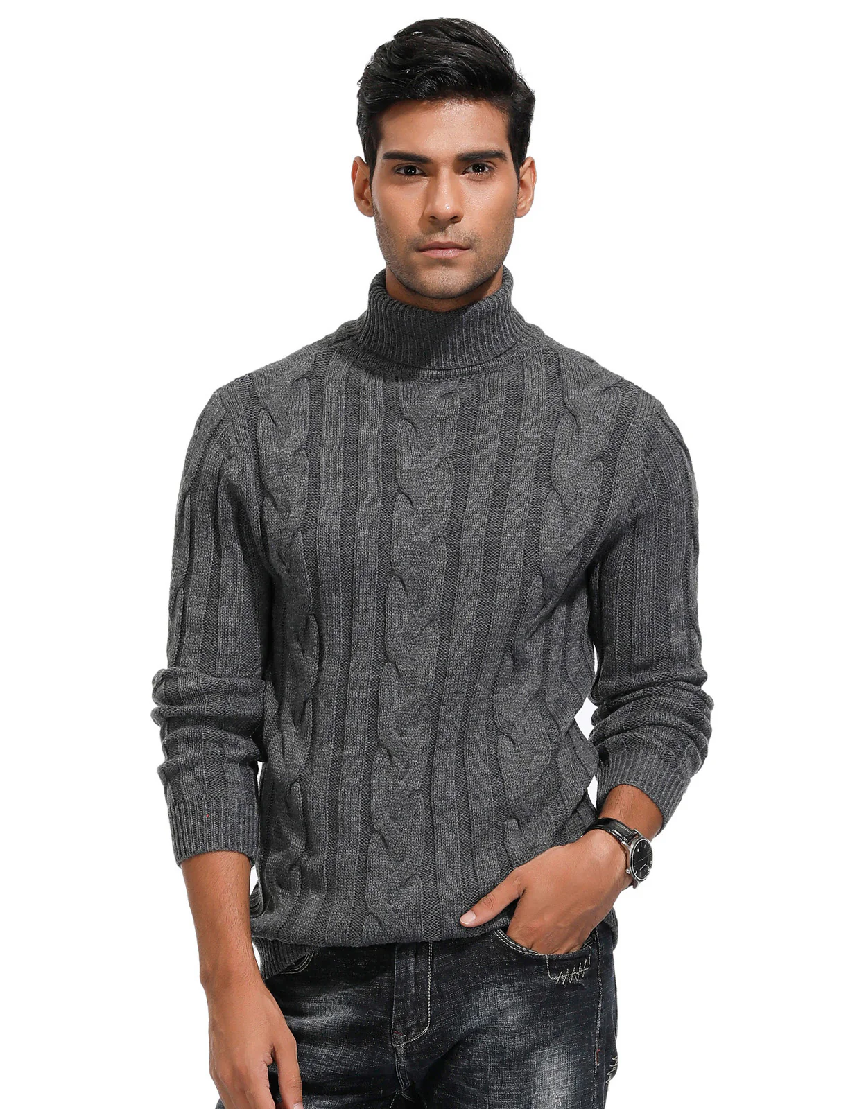 Men's Casual Turtleneck Sweaters Cable Knit Thermal Pullover Sweater - Image 12