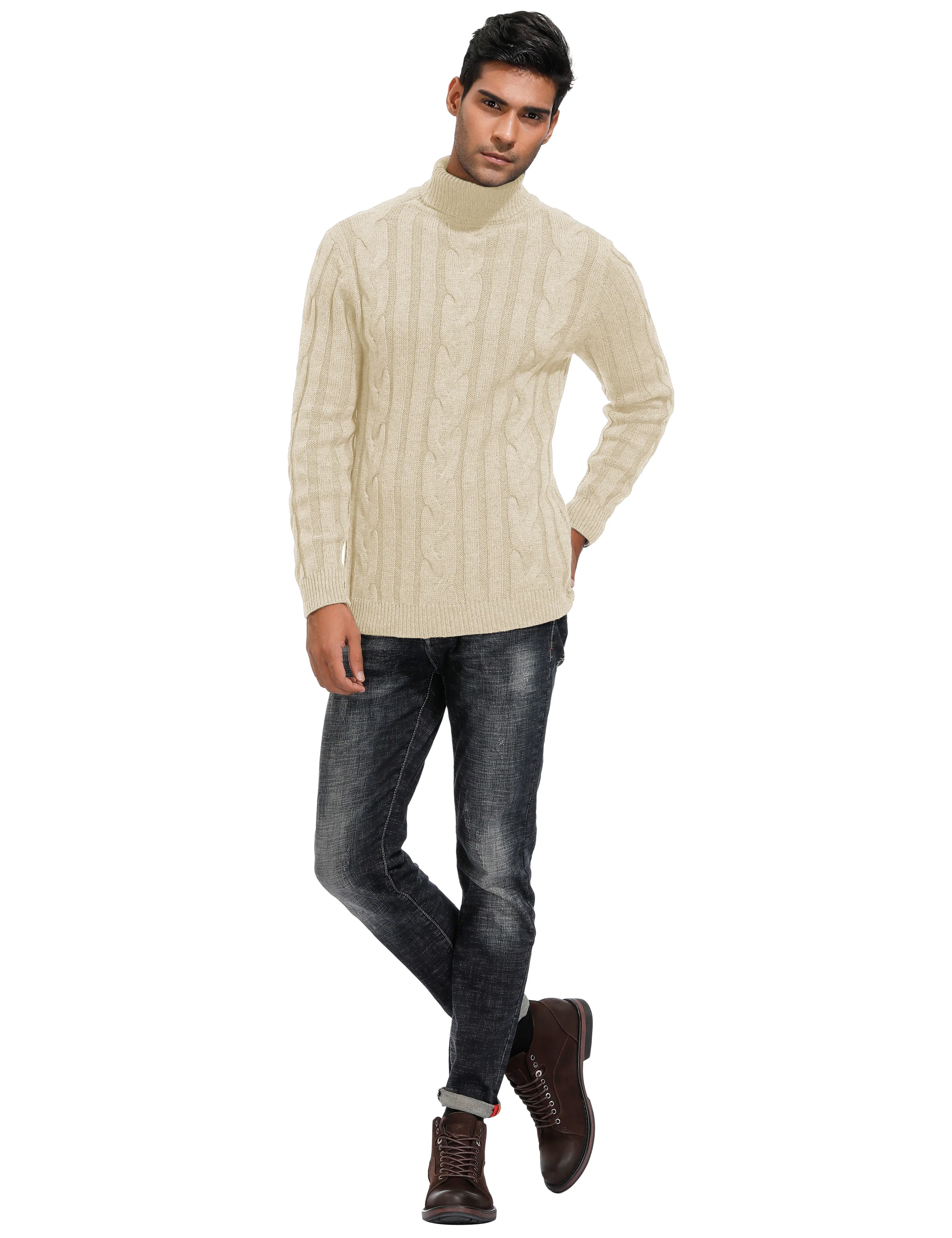 Men's Casual Turtleneck Sweaters Cable Knit Thermal Pullover Sweater - Image 21