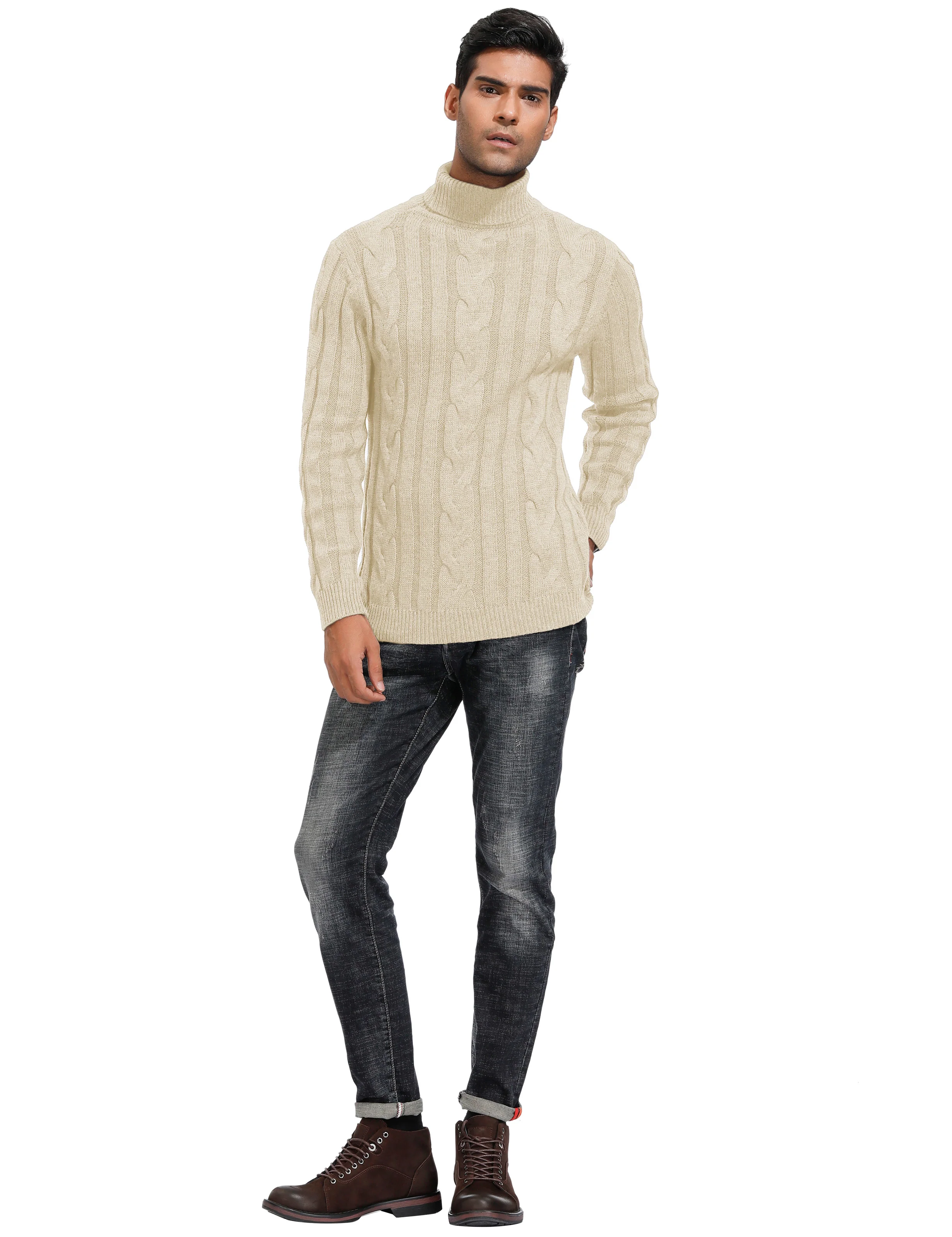 Men's Casual Turtleneck Sweaters Cable Knit Thermal Pullover Sweater - Image 22