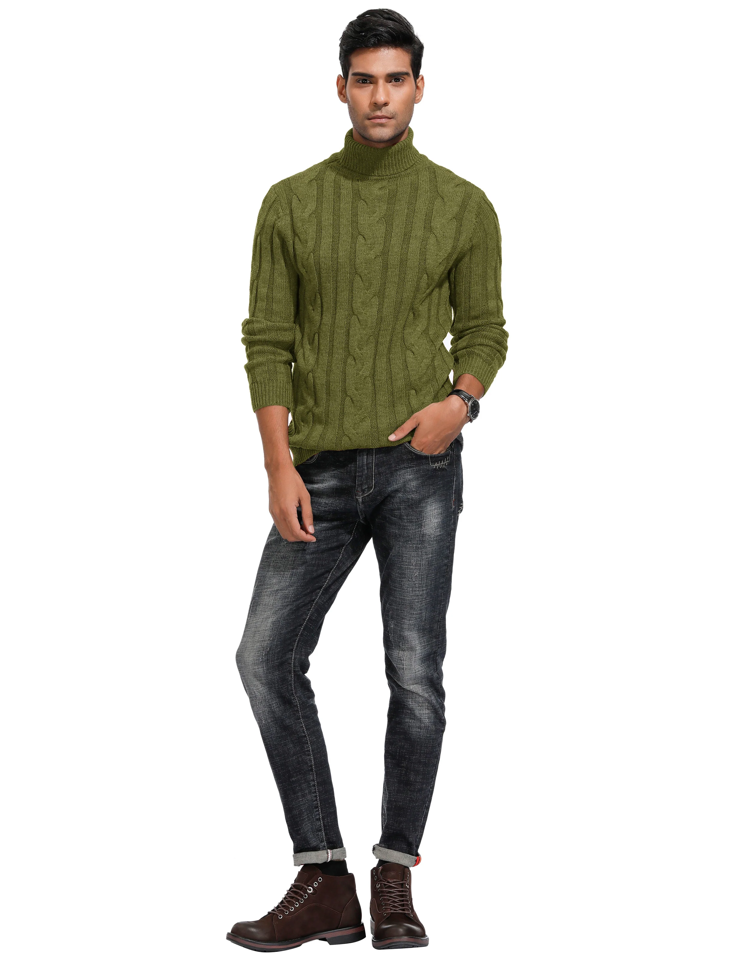Men's Casual Turtleneck Sweaters Cable Knit Thermal Pullover Sweater - Image 38