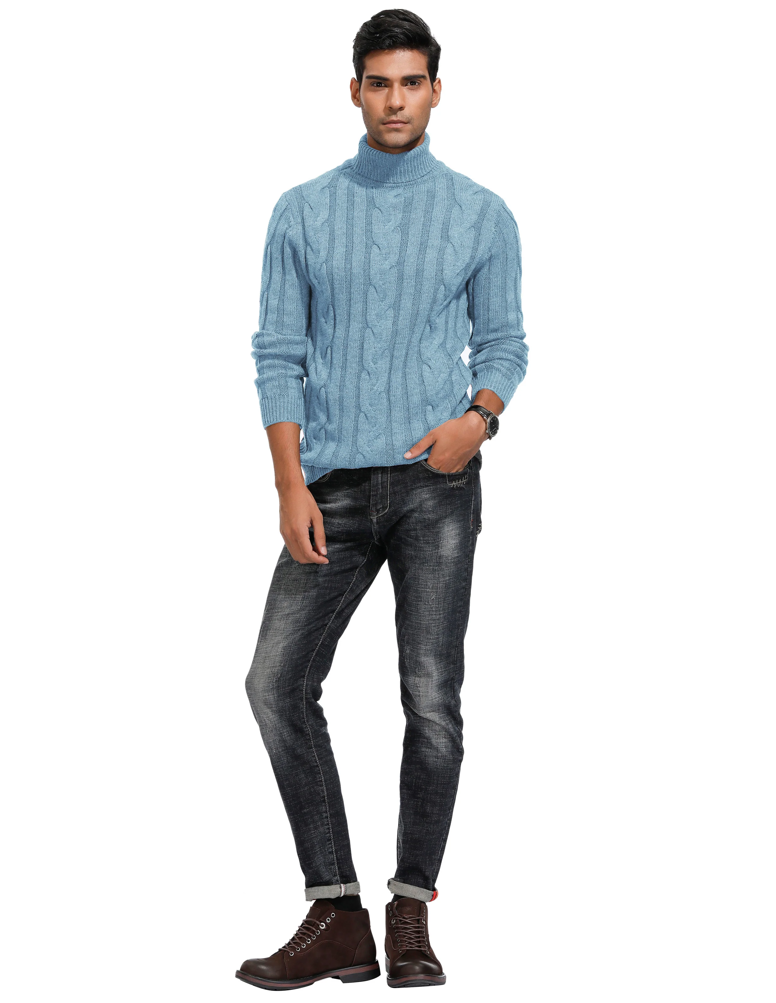 Men's Casual Turtleneck Sweaters Cable Knit Thermal Pullover Sweater - Image 41