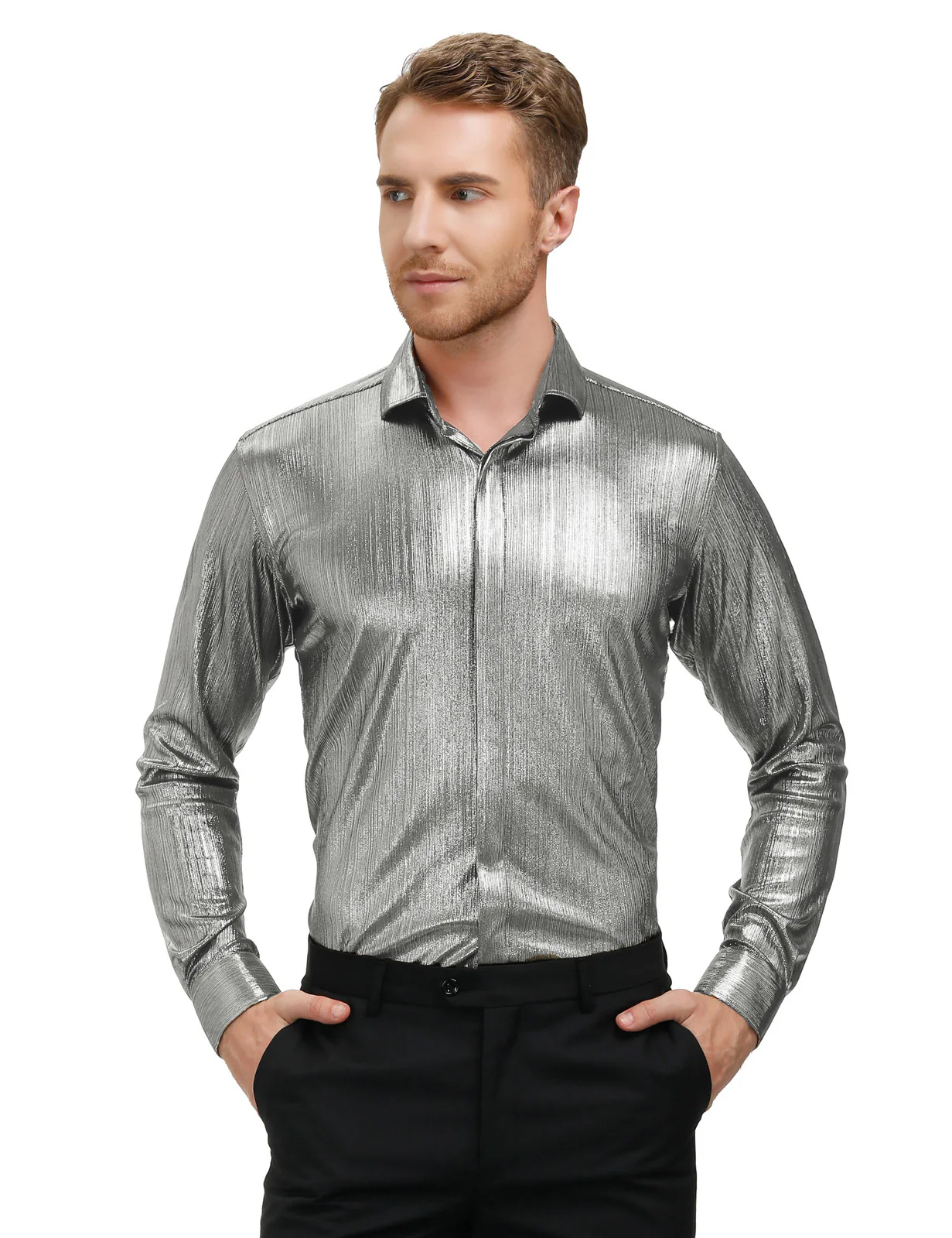 Mens Metallic Dress Shirts Long Sleeve Button Down 70s Disco Cardigans Shirt Party Costume - Image 13