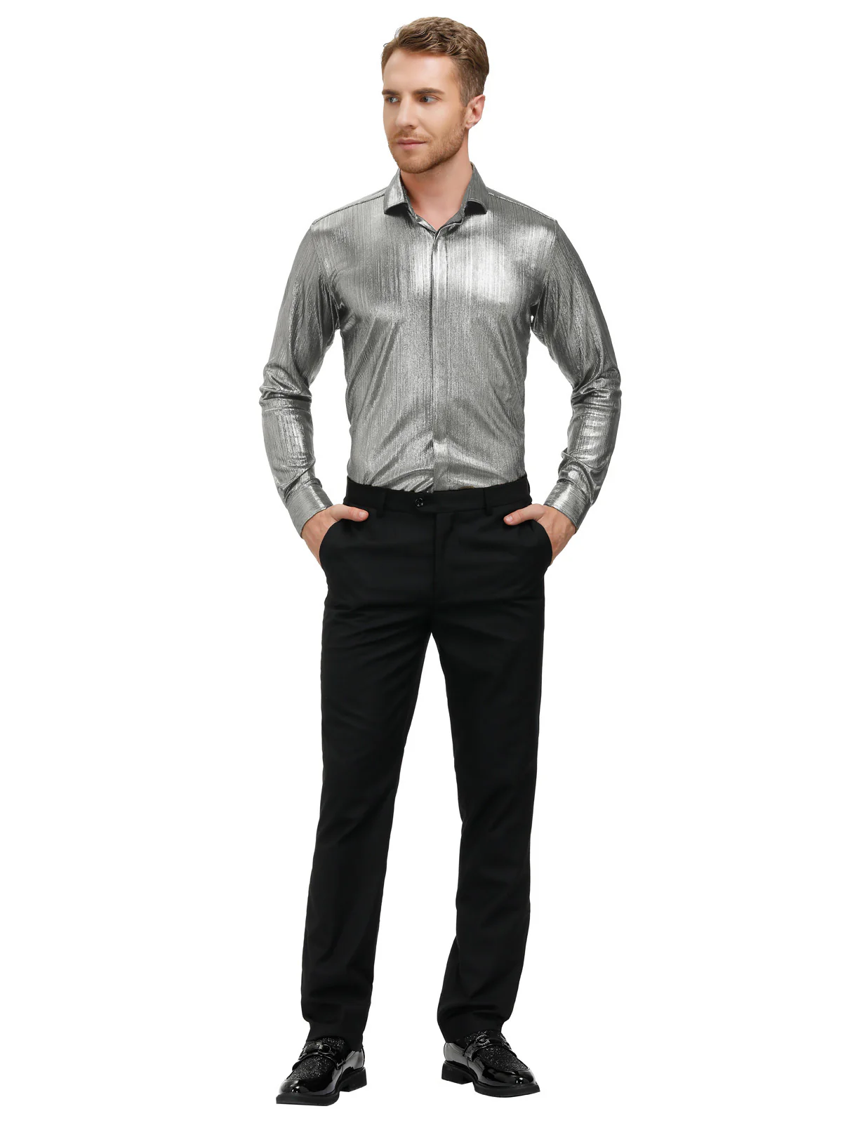 Mens Metallic Dress Shirts Long Sleeve Button Down 70s Disco Cardigans Shirt Party Costume - Image 14