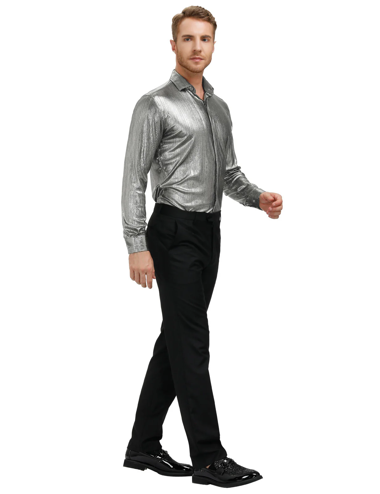 Mens Metallic Dress Shirts Long Sleeve Button Down 70s Disco Cardigans Shirt Party Costume - Image 15