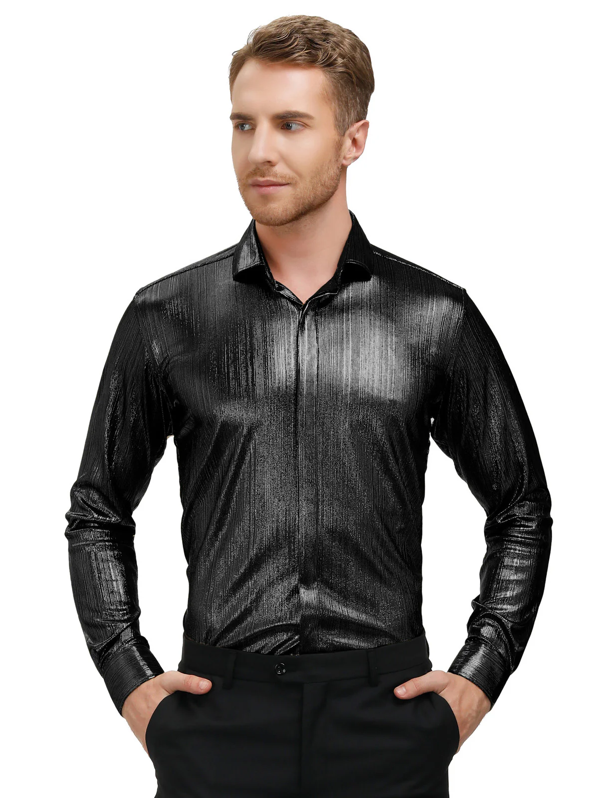 Mens Metallic Dress Shirts Long Sleeve Button Down 70s Disco Cardigans Shirt Party Costume - Image 20
