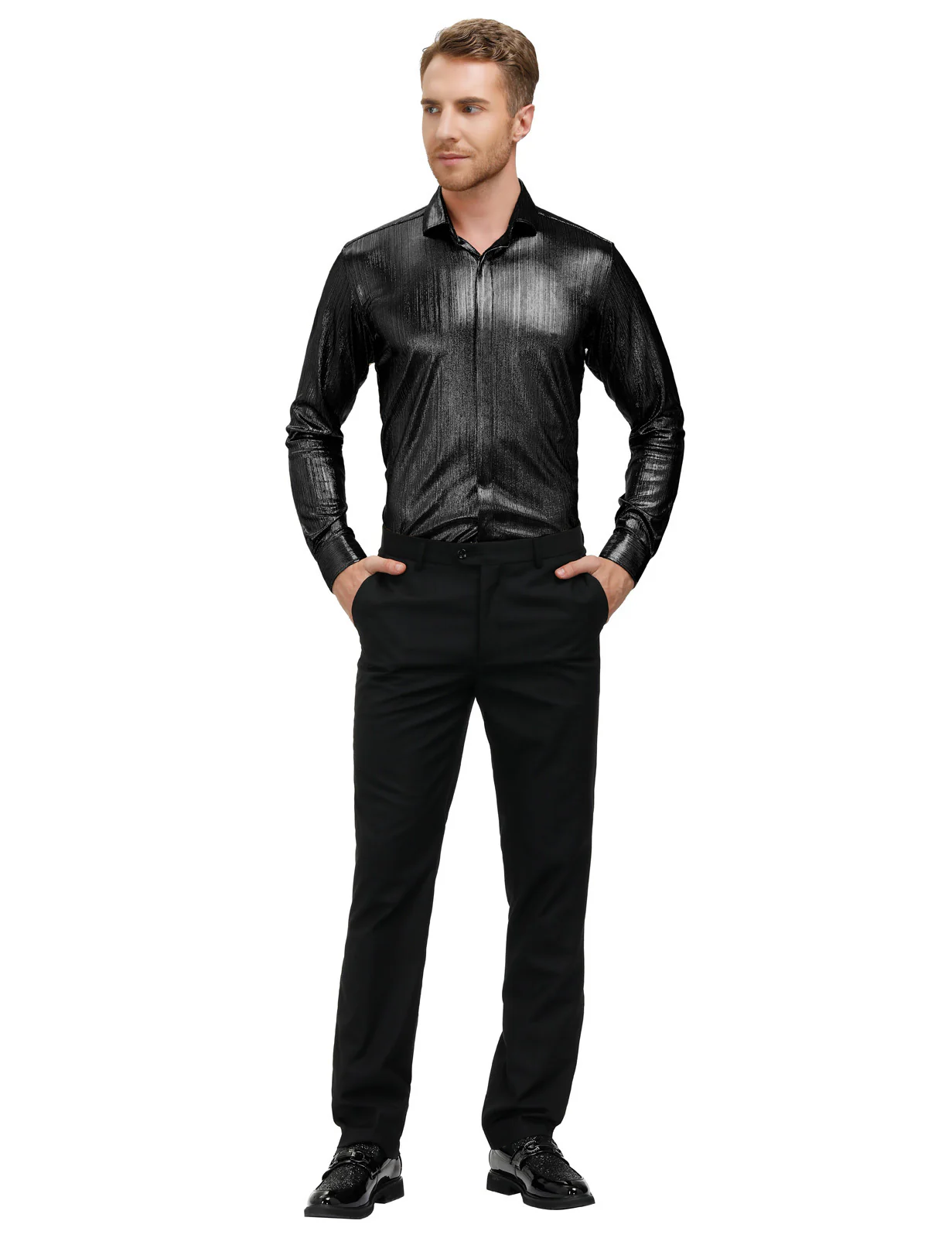 Mens Metallic Dress Shirts Long Sleeve Button Down 70s Disco Cardigans Shirt Party Costume - Image 21