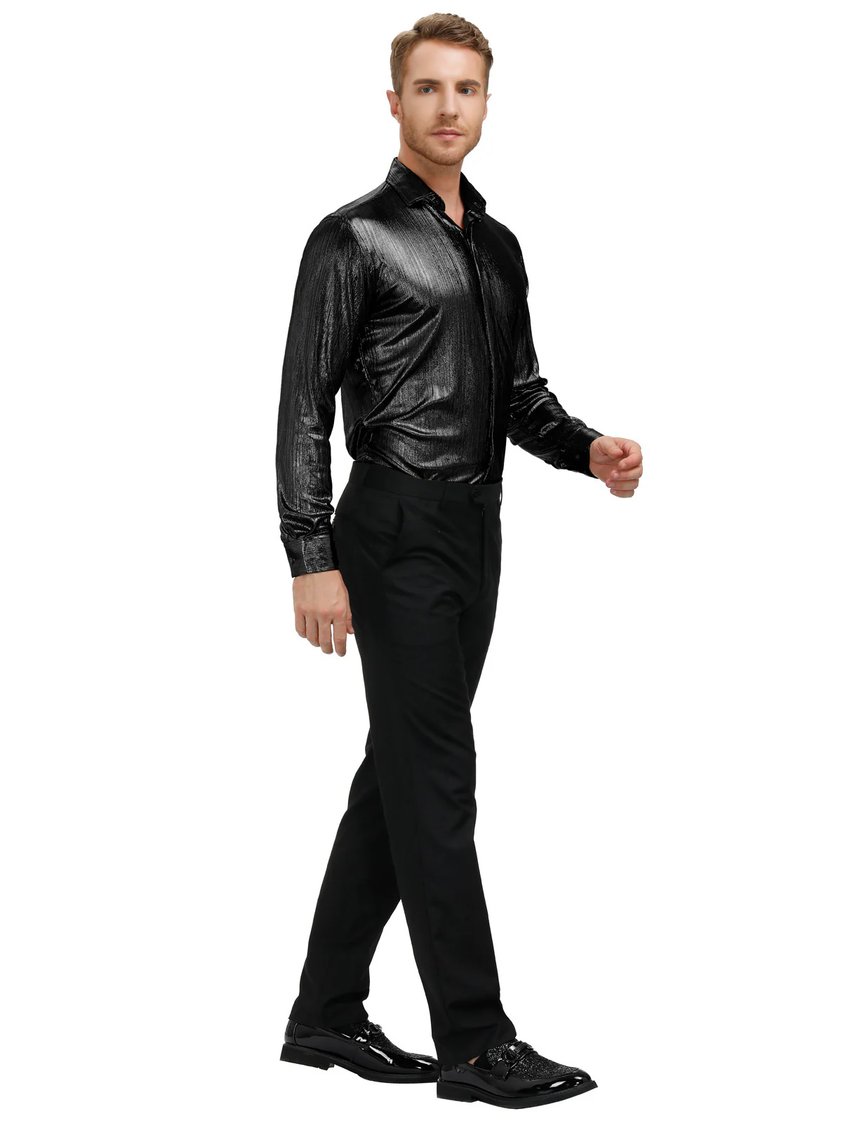 Mens Metallic Dress Shirts Long Sleeve Button Down 70s Disco Cardigans Shirt Party Costume - Image 22