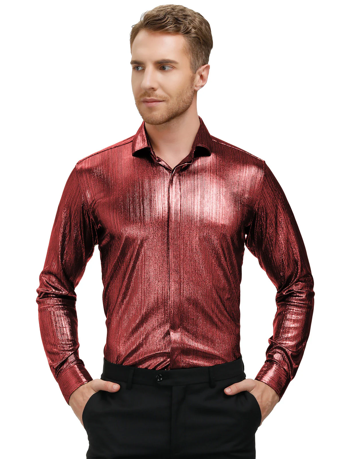 Mens Metallic Dress Shirts Long Sleeve Button Down 70s Disco Cardigans Shirt Party Costume - Image 27