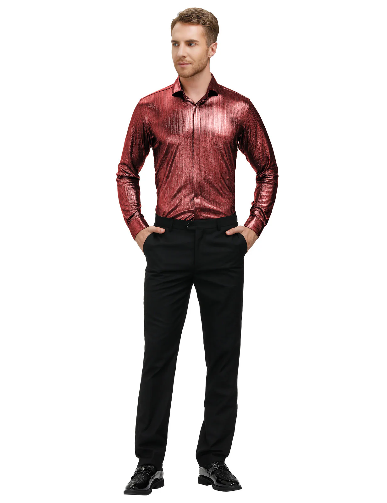 Mens Metallic Dress Shirts Long Sleeve Button Down 70s Disco Cardigans Shirt Party Costume - Image 28