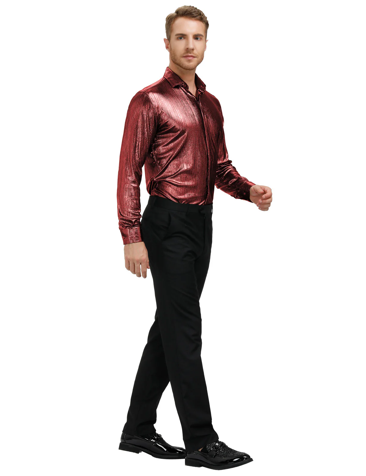 Mens Metallic Dress Shirts Long Sleeve Button Down 70s Disco Cardigans Shirt Party Costume - Image 29