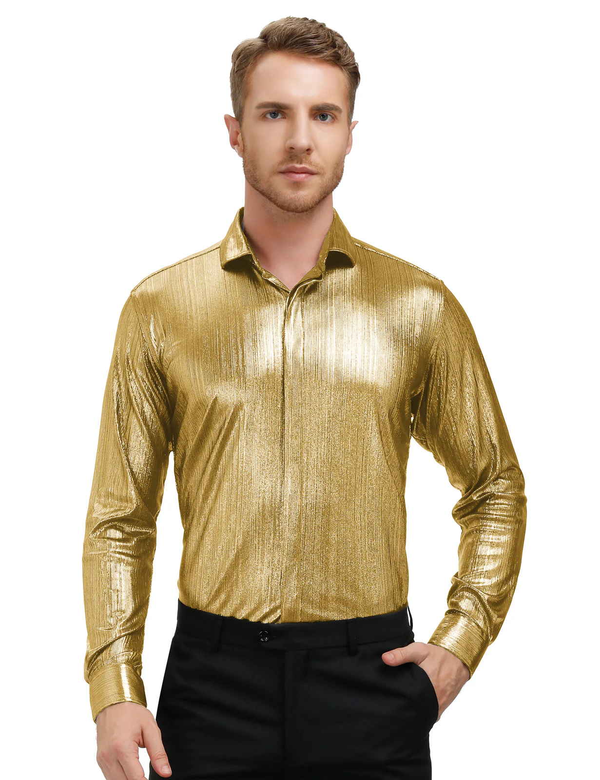 Mens Metallic Dress Shirts Long Sleeve Button Down 70s Disco Cardigans Shirt Party Costume - Image 34