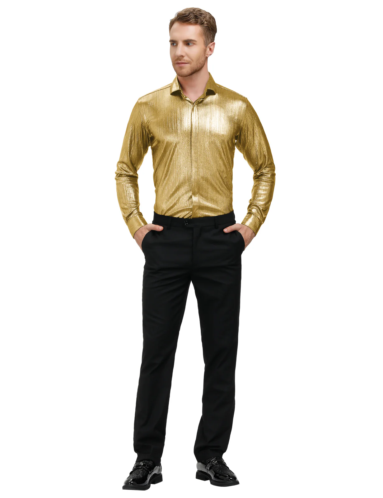Mens Metallic Dress Shirts Long Sleeve Button Down 70s Disco Cardigans Shirt Party Costume - Image 35