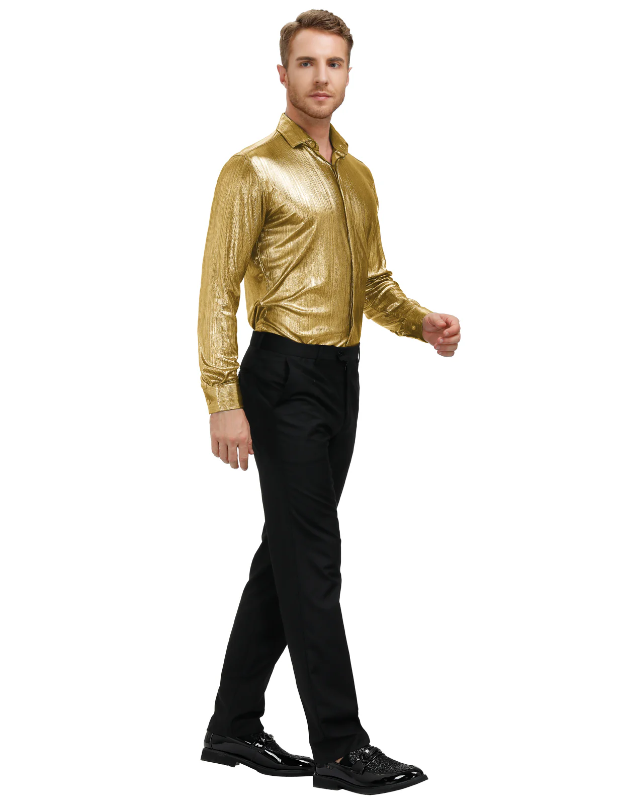Mens Metallic Dress Shirts Long Sleeve Button Down 70s Disco Cardigans Shirt Party Costume - Image 36