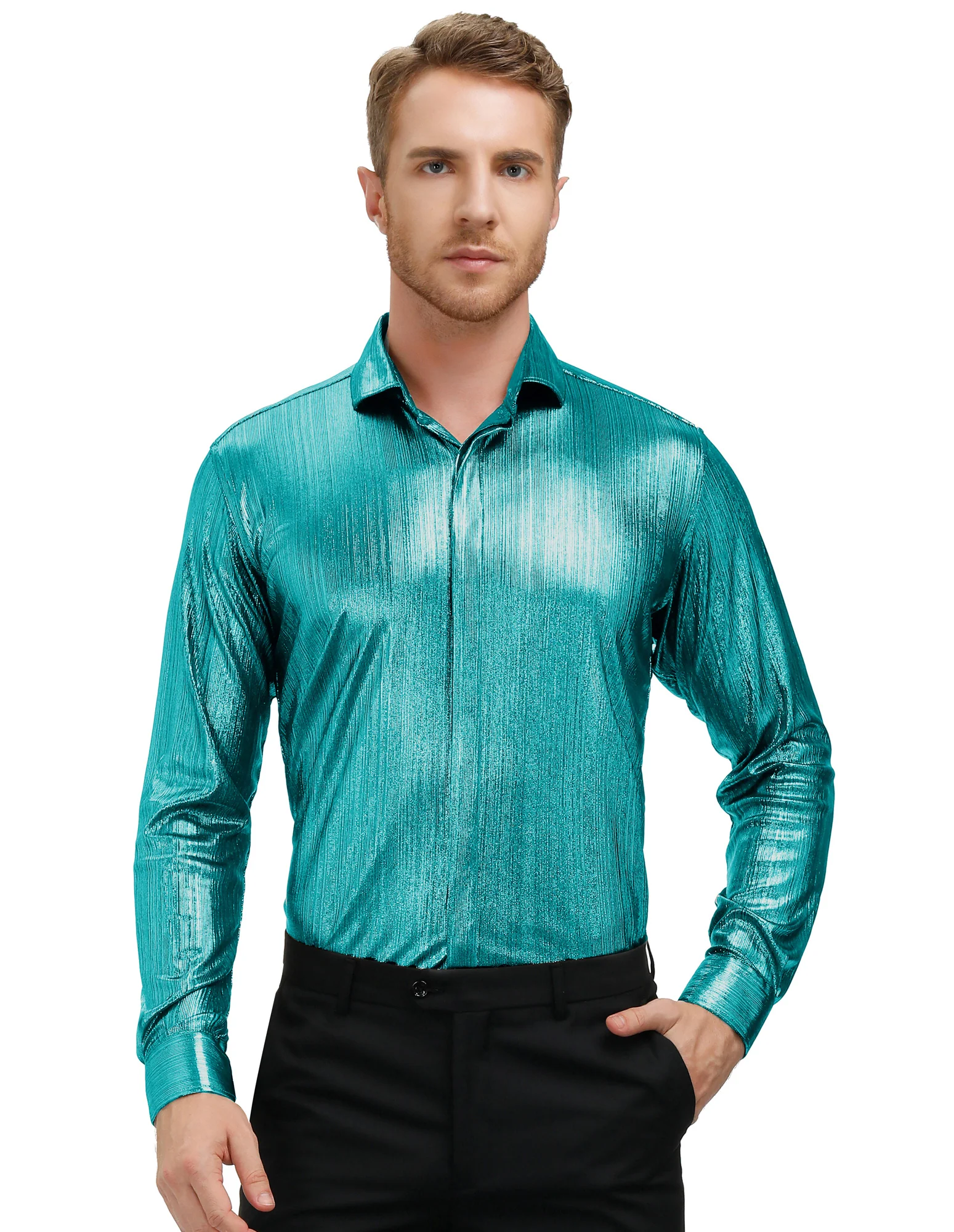 Mens Metallic Dress Shirts Long Sleeve Button Down 70s Disco Cardigans Shirt Party Costume - Image 41
