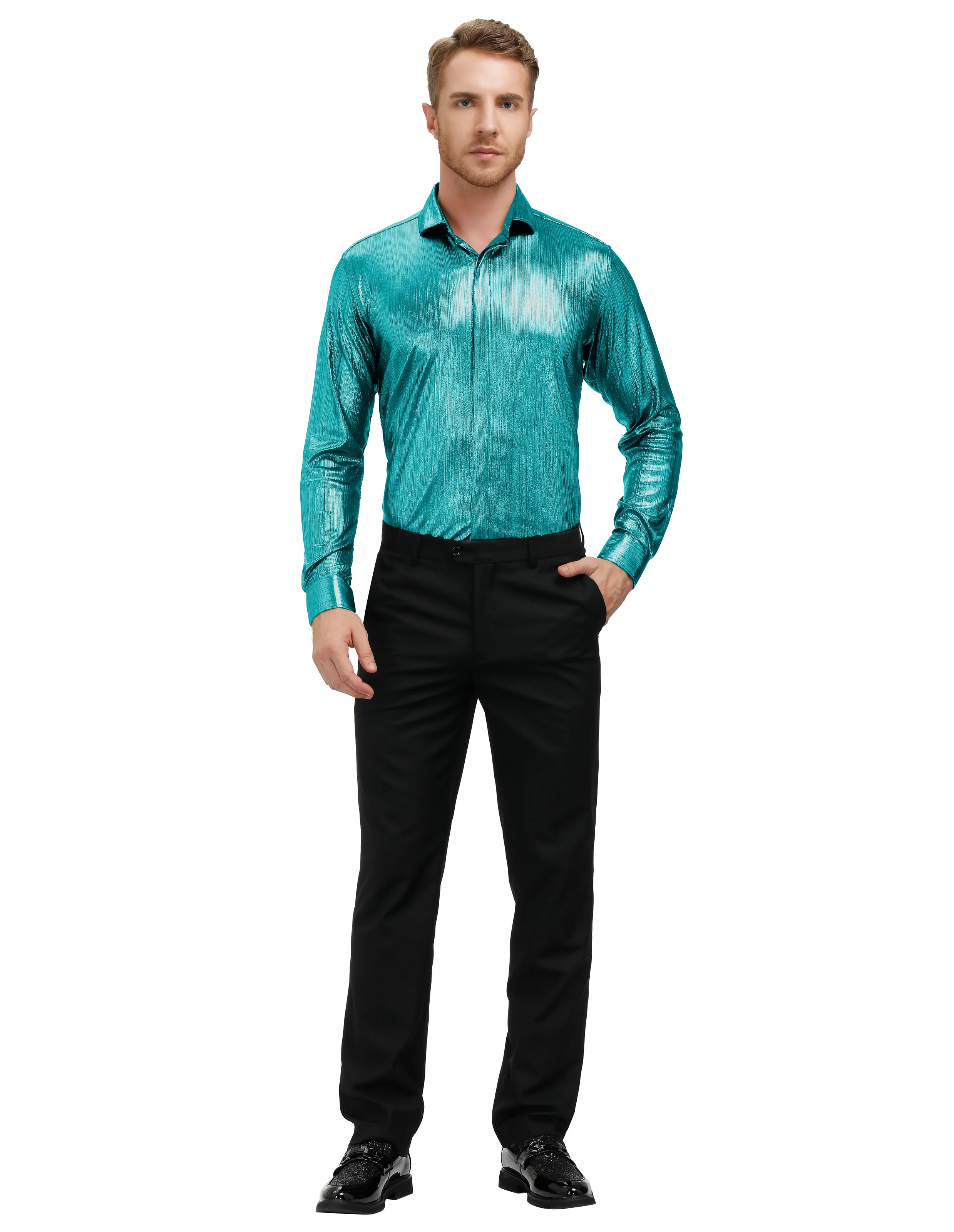 Mens Metallic Dress Shirts Long Sleeve Button Down 70s Disco Cardigans Shirt Party Costume - Image 42