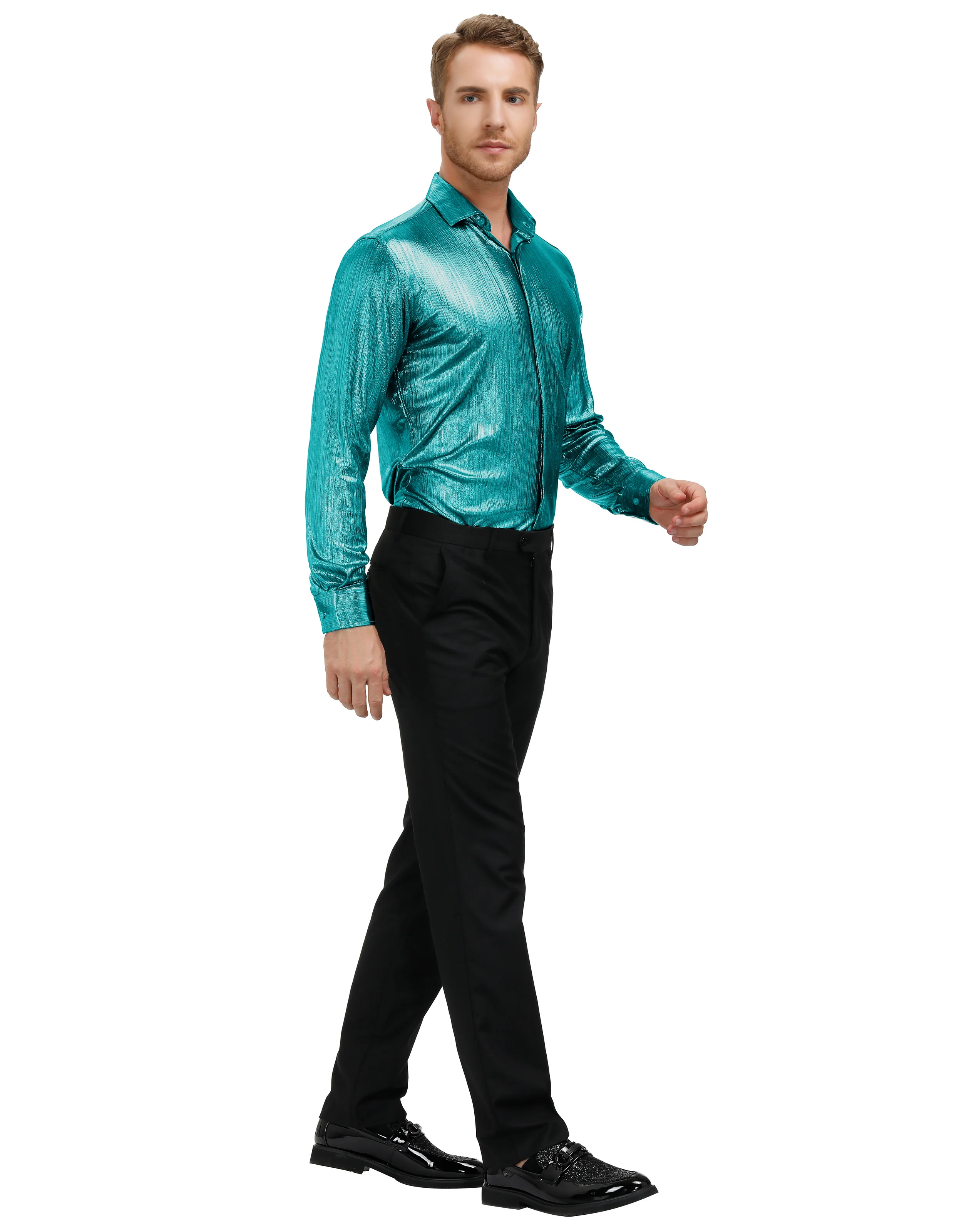 Mens Metallic Dress Shirts Long Sleeve Button Down 70s Disco Cardigans Shirt Party Costume - Image 43