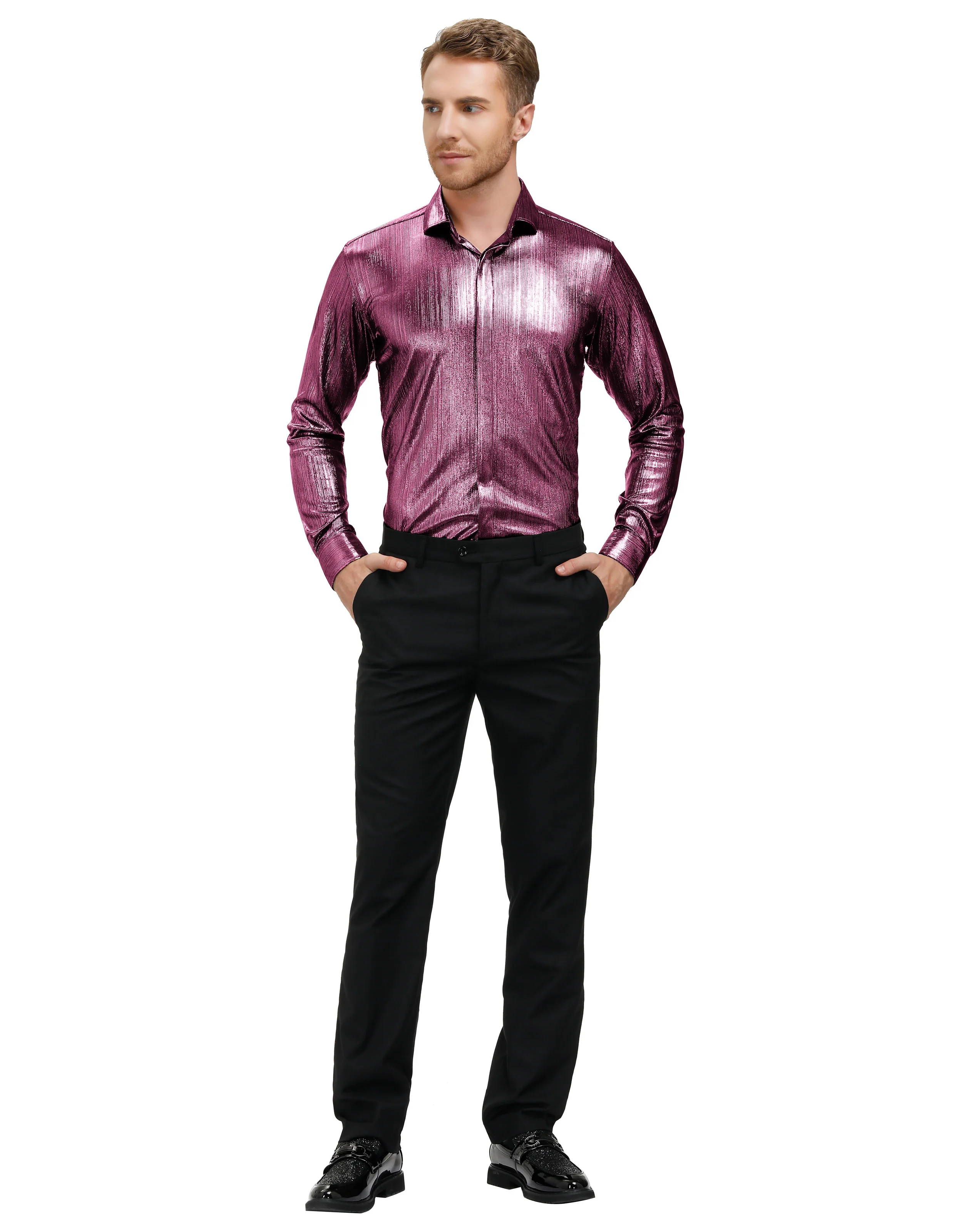 Mens Metallic Dress Shirts Long Sleeve Button Down 70s Disco Cardigans Shirt Party Costume - Image 45