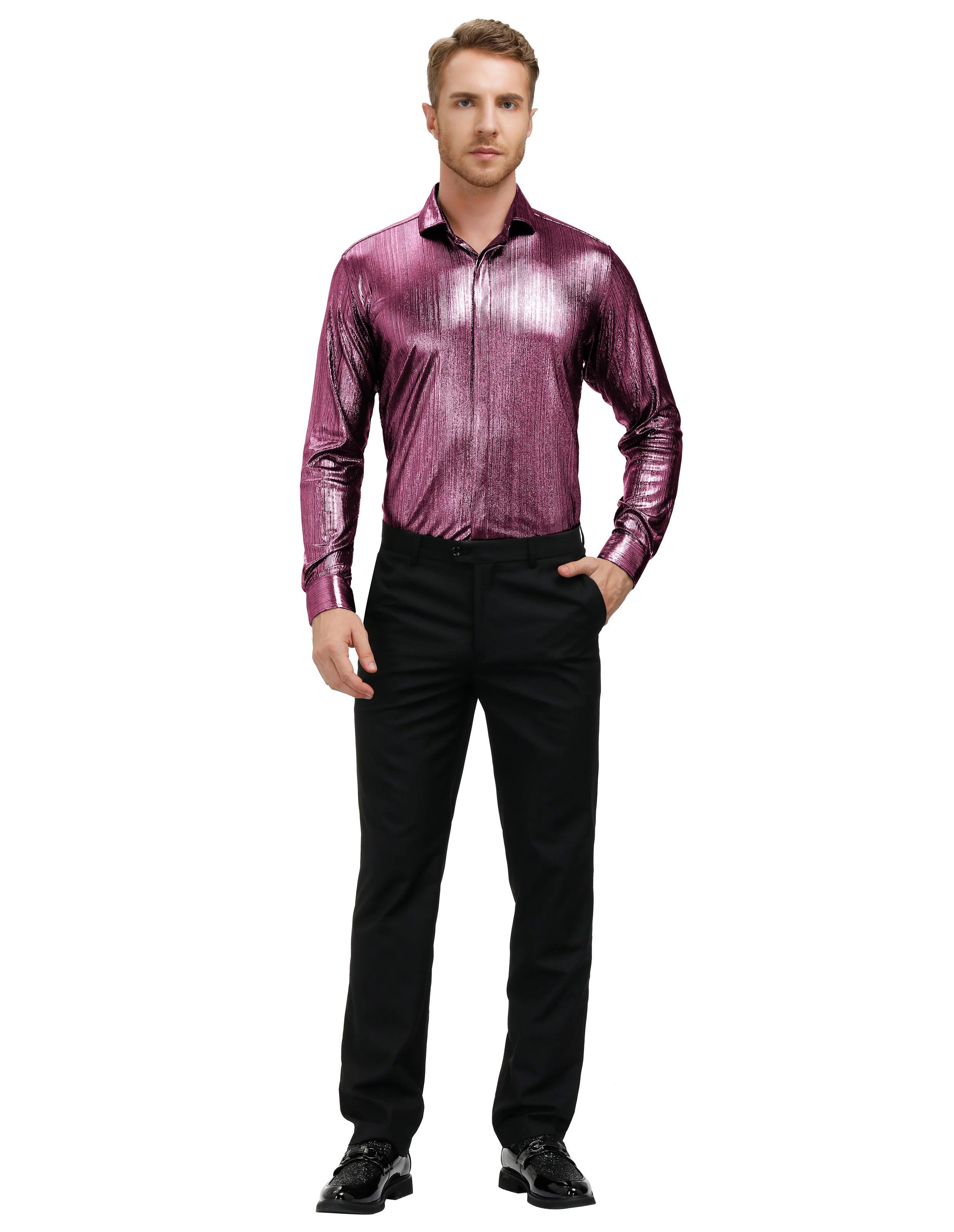 Mens Metallic Dress Shirts Long Sleeve Button Down 70s Disco Cardigans Shirt Party Costume - Image 50