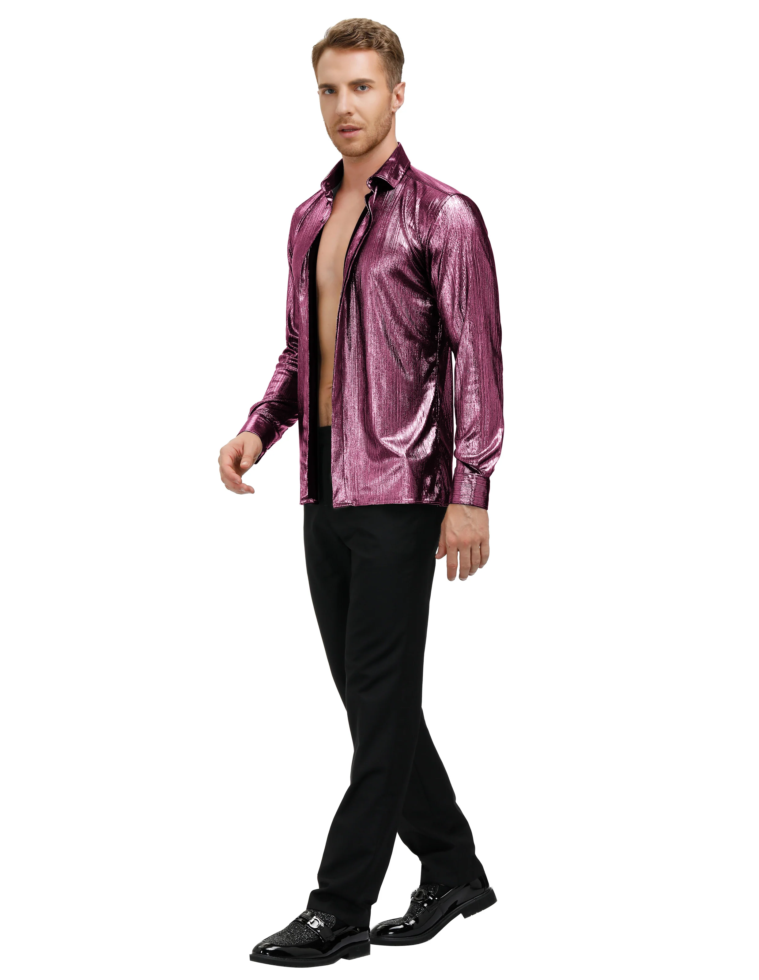 Mens Metallic Dress Shirts Long Sleeve Button Down 70s Disco Cardigans Shirt Party Costume - Image 51