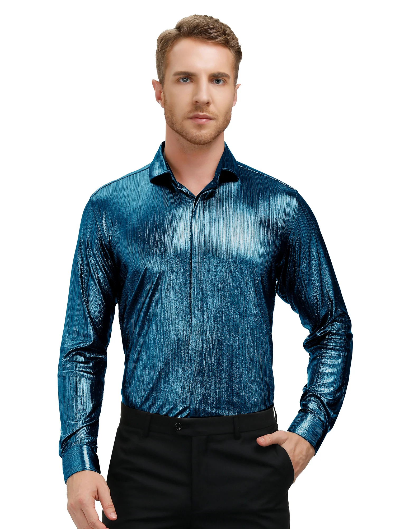 Mens Metallic Dress Shirts Long Sleeve Button Down 70s Disco Cardigans Shirt Party Costume - Image 55