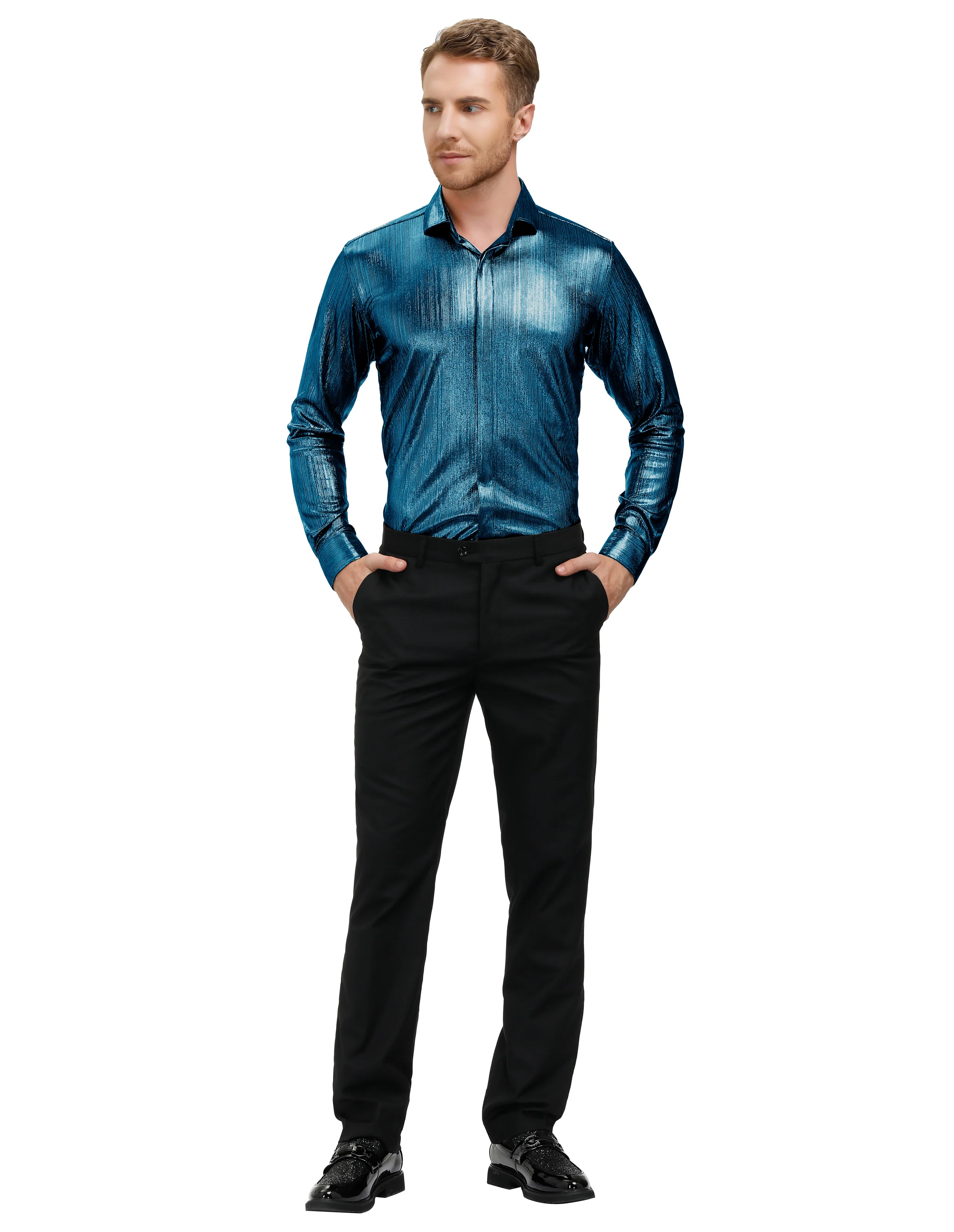 Mens Metallic Dress Shirts Long Sleeve Button Down 70s Disco Cardigans Shirt Party Costume - Image 56