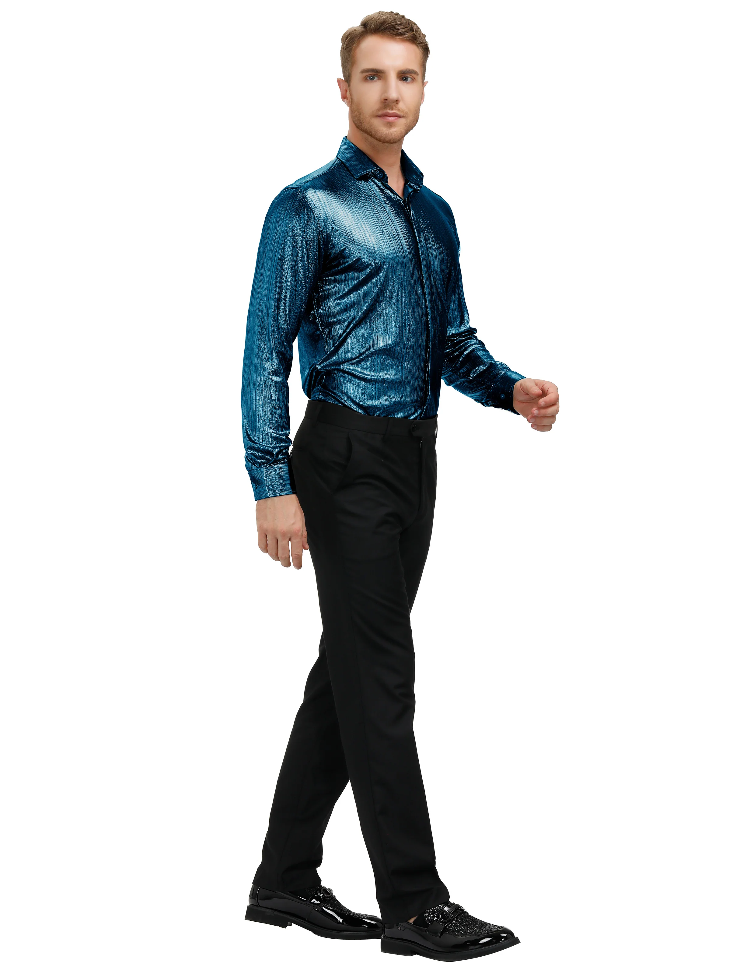 Mens Metallic Dress Shirts Long Sleeve Button Down 70s Disco Cardigans Shirt Party Costume - Image 57