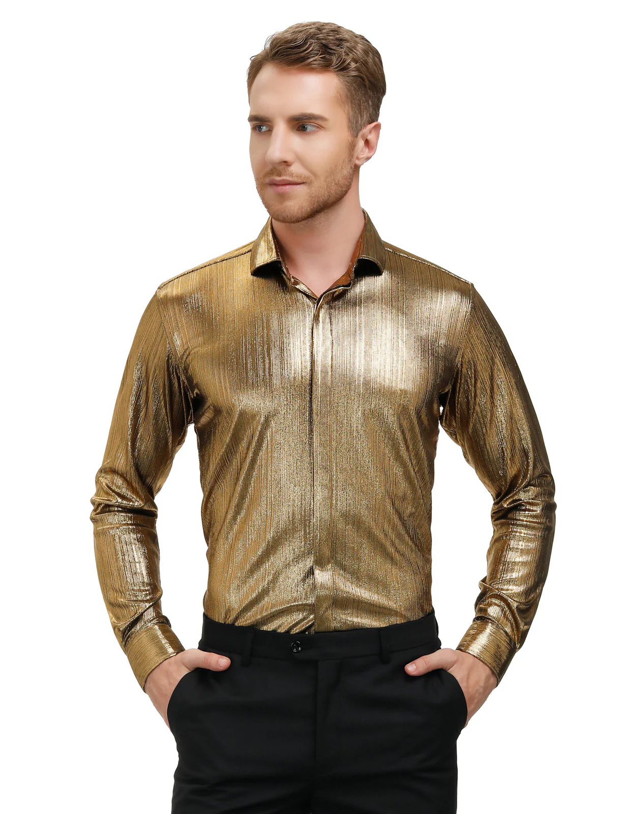 Mens Metallic Dress Shirts Long Sleeve Button Down 70s Disco Cardigans Shirt Party Costume - Image 6
