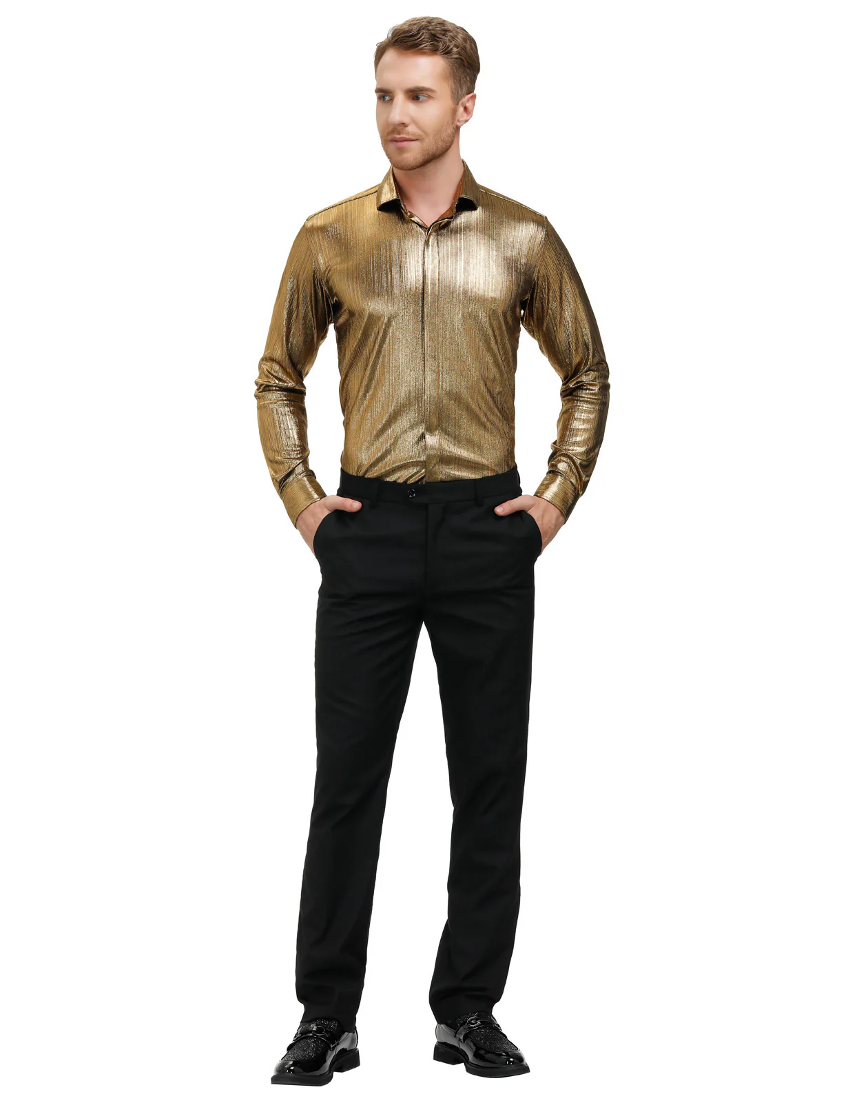 Mens Metallic Dress Shirts Long Sleeve Button Down 70s Disco Cardigans Shirt Party Costume - Image 7
